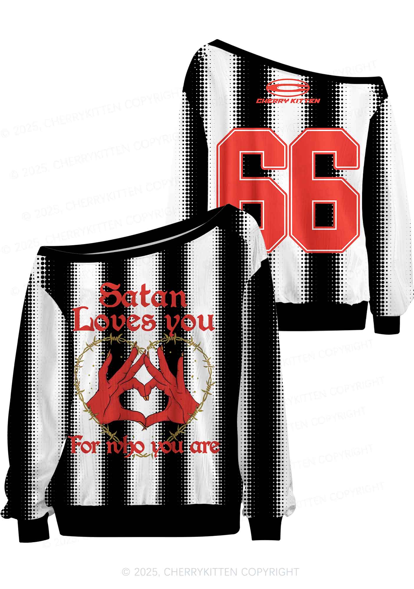 Halloween Custom Black Satan Heart Y2K Off Shoulder Long Sleeve Sport Jersey Shirts Cherrykitten