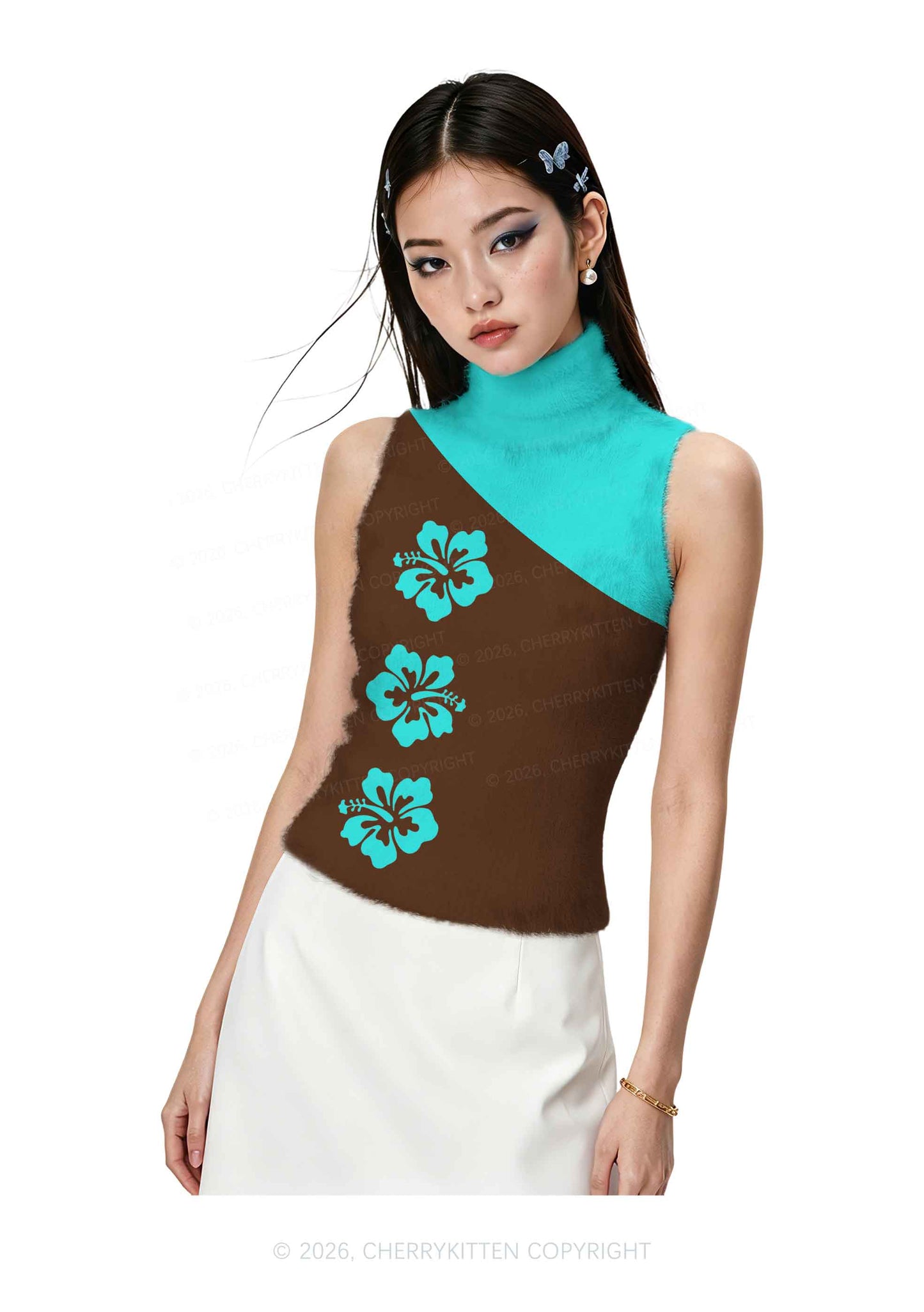 Mint Green Hibiscus On Brown Y2K Knit Turtleneck Tank Top Cherrykitten