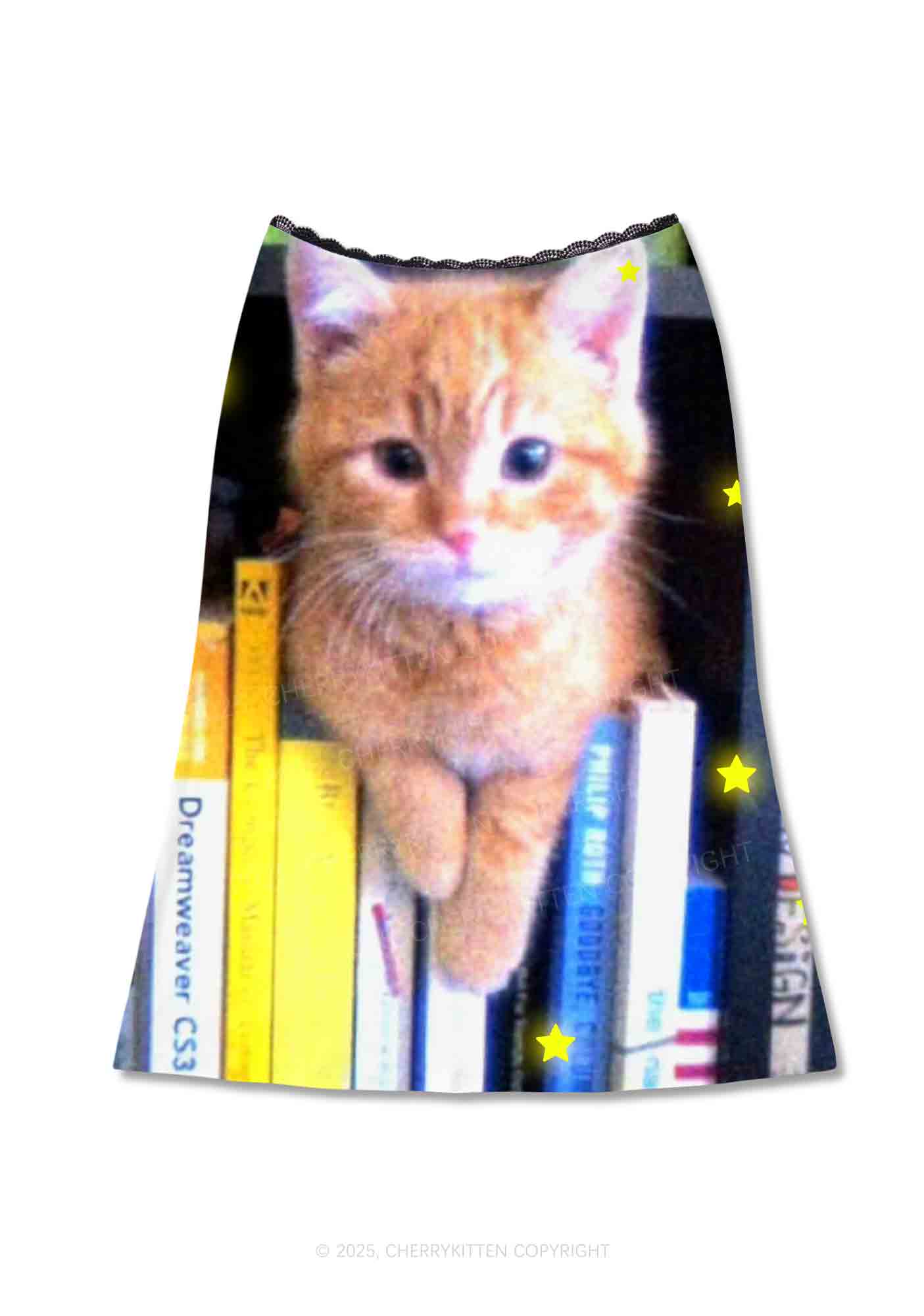 Feline Bookworm Y2K Print Midi Skirt Cherrykitten