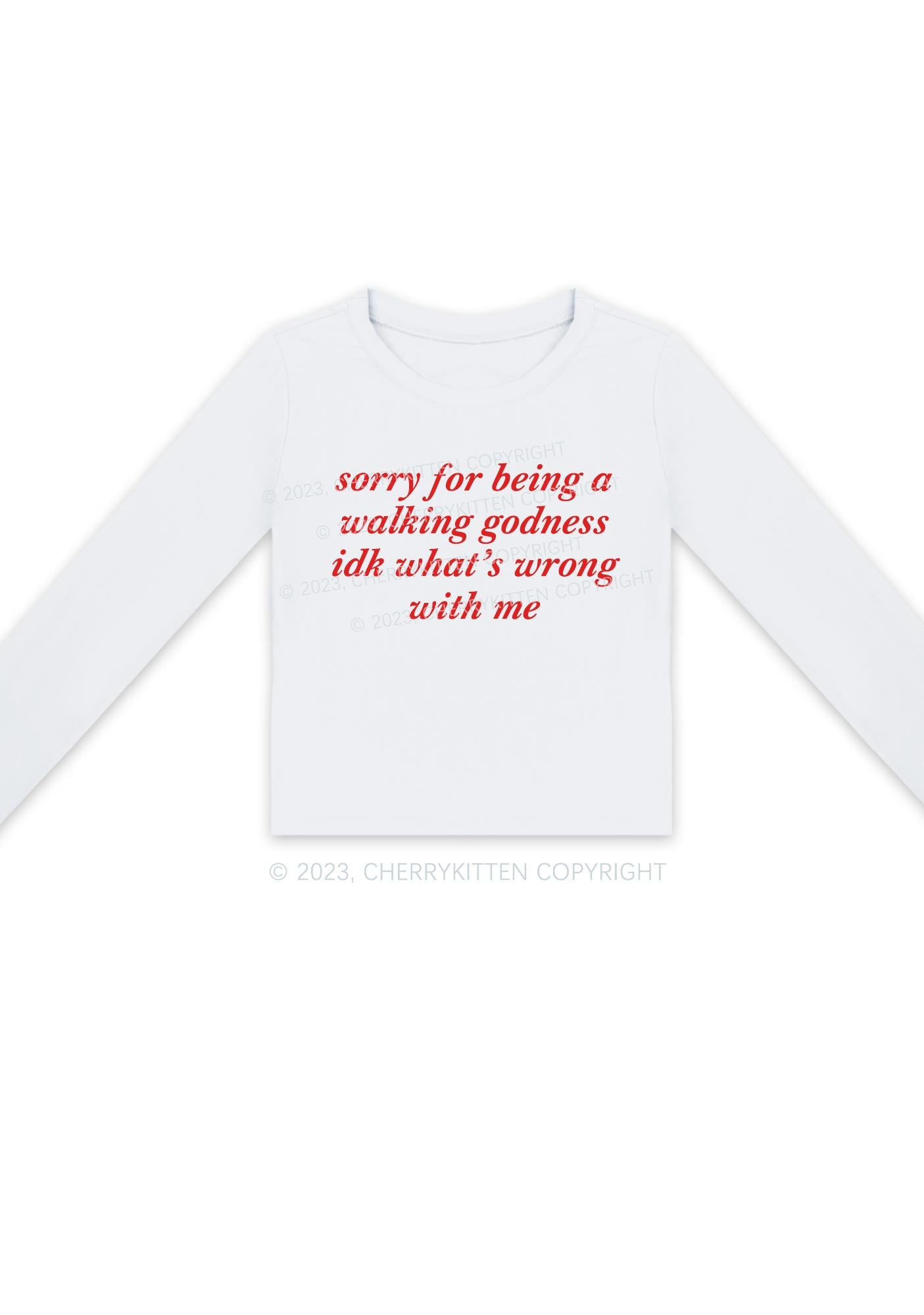 Sorry For Being A Walking Godness Y2K Long Sleeve Crop Top Cherrykitten