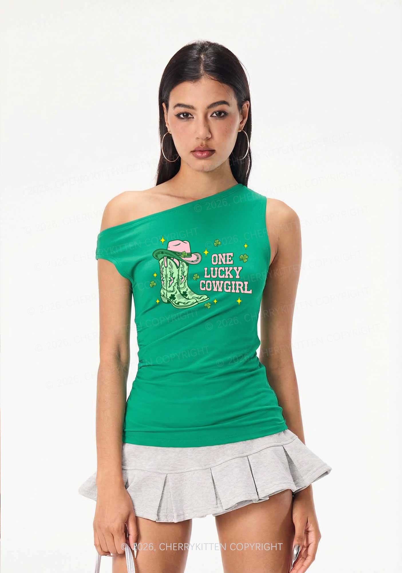 One Lucky Cowgirl Boots St Patricks Y2K Off Shoulder Tank Top Cherrykitten
