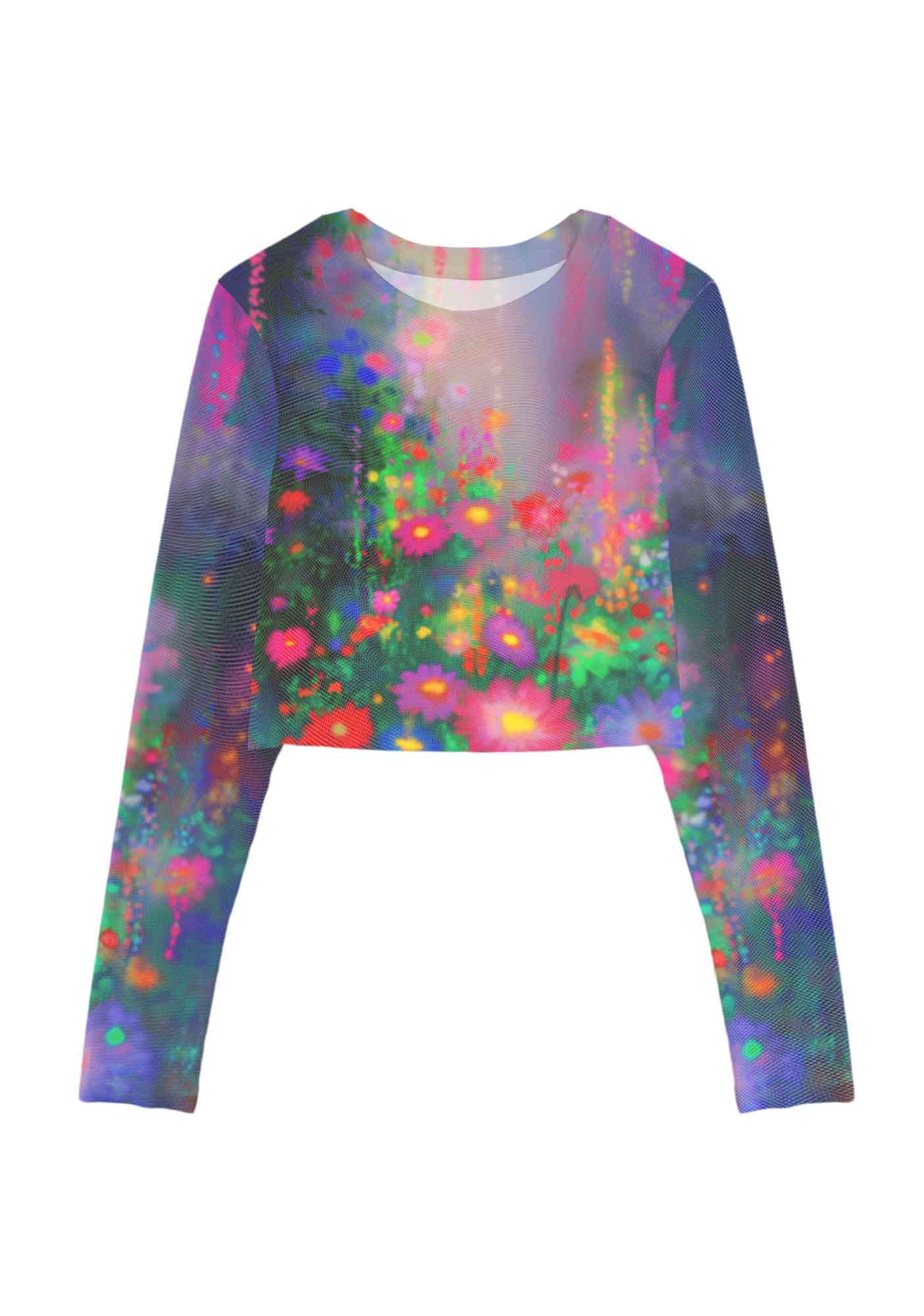 Colorful Daisies Y2K Mesh Long Sleeve Crop Top Cherrykitten