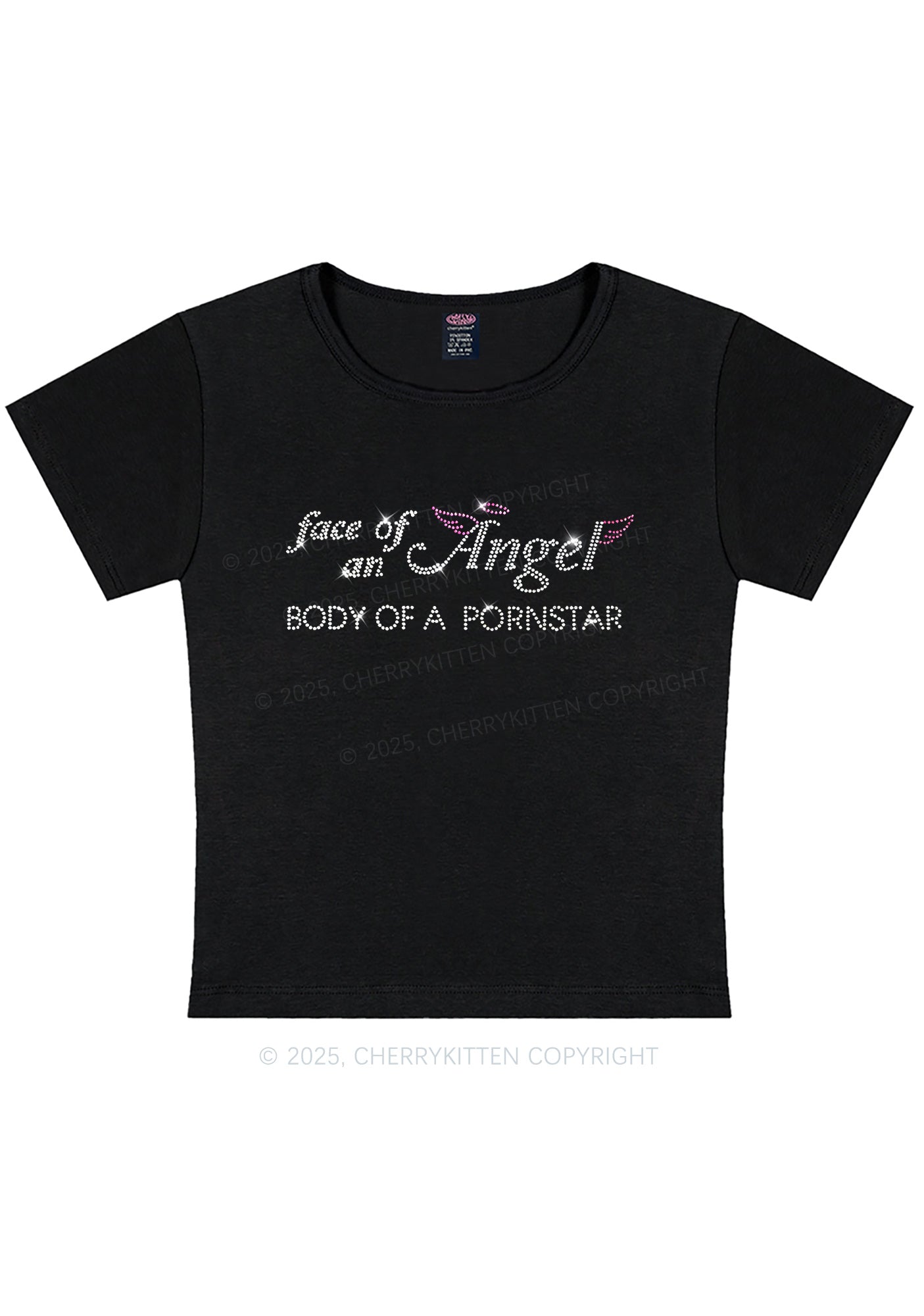 Rhinestone Face Of An Angel Y2K Baby Tee Cherrykitten