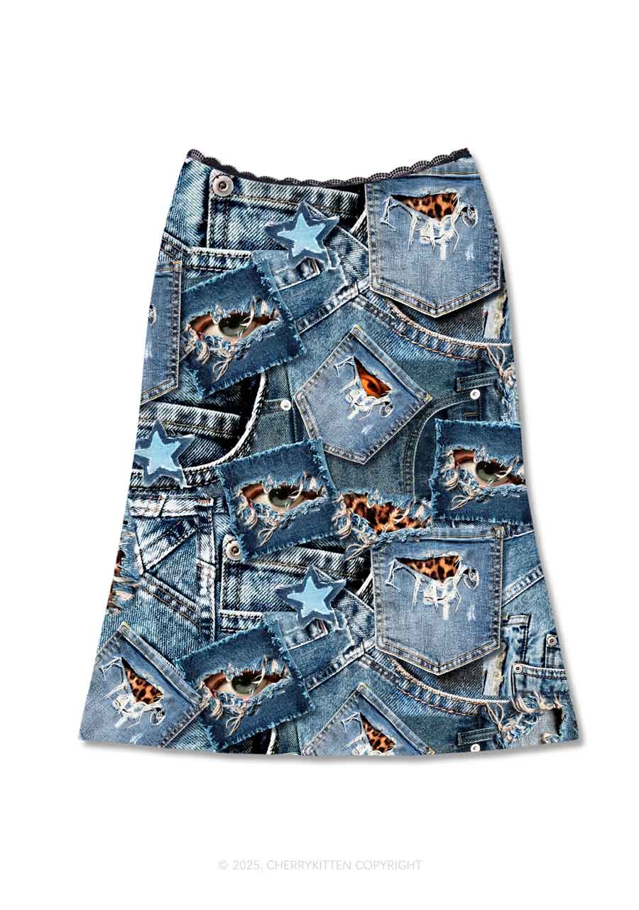 Denim Patchwork Y2K Print Midi Skirt Cherrykitten