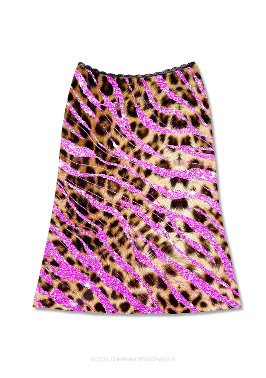 Sparkle Pink Leopard Y2K Print Midi Skirt Cherrykitten