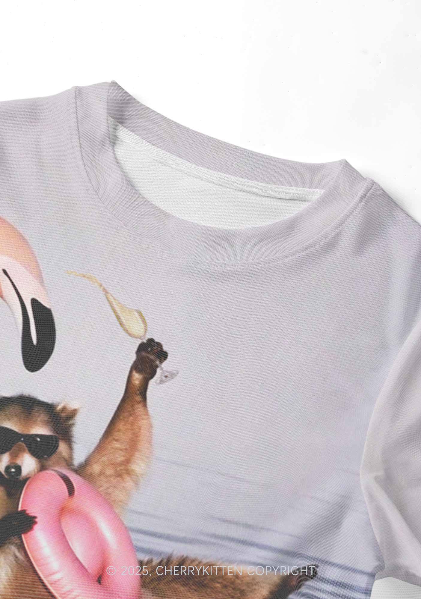 Flamingo Raccoon Y2K Mesh Crop Top Cherrykitten