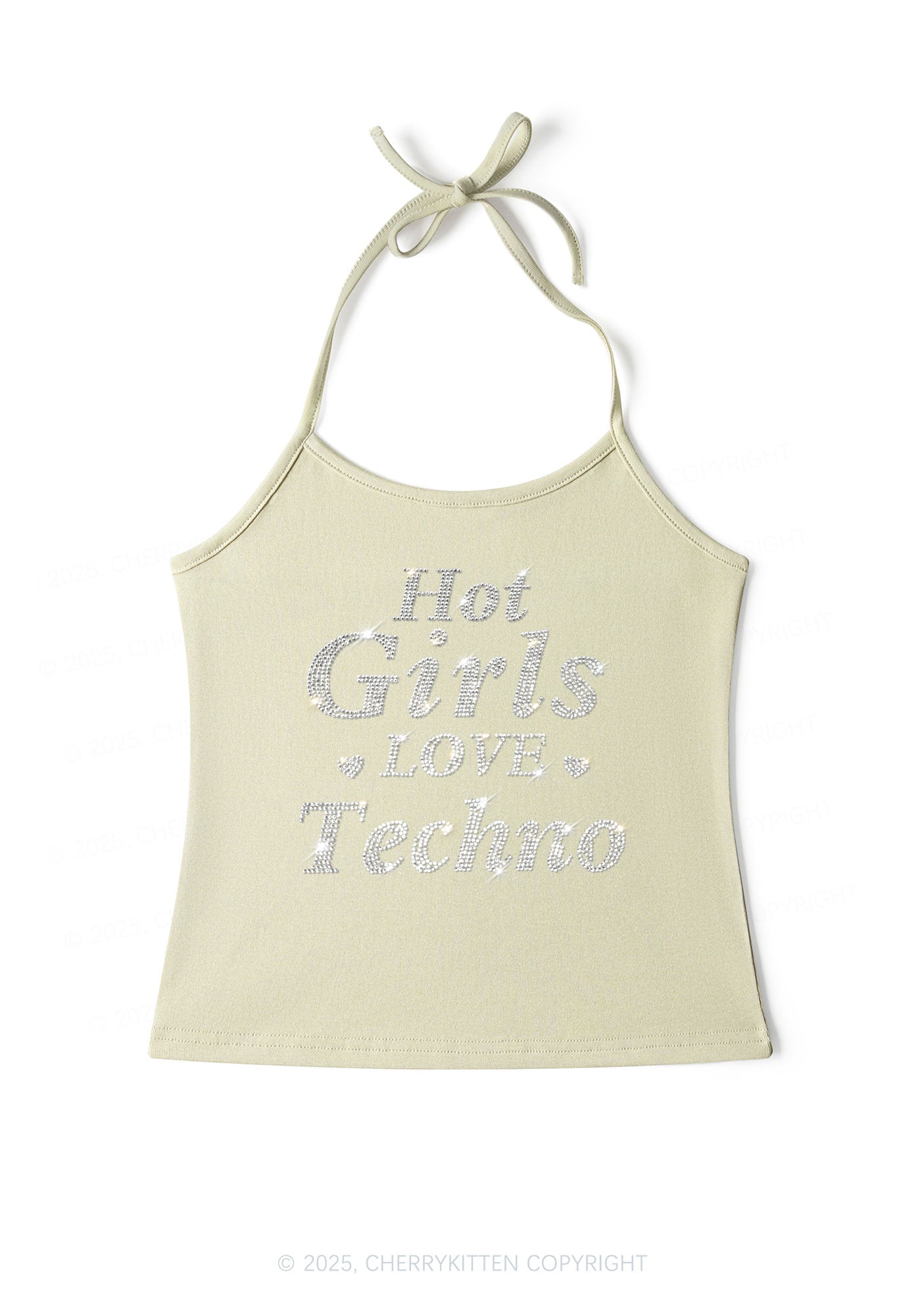 Rhinestone Hot Girls Love Techno Y2K Halter Neck Cami Cherrykitten