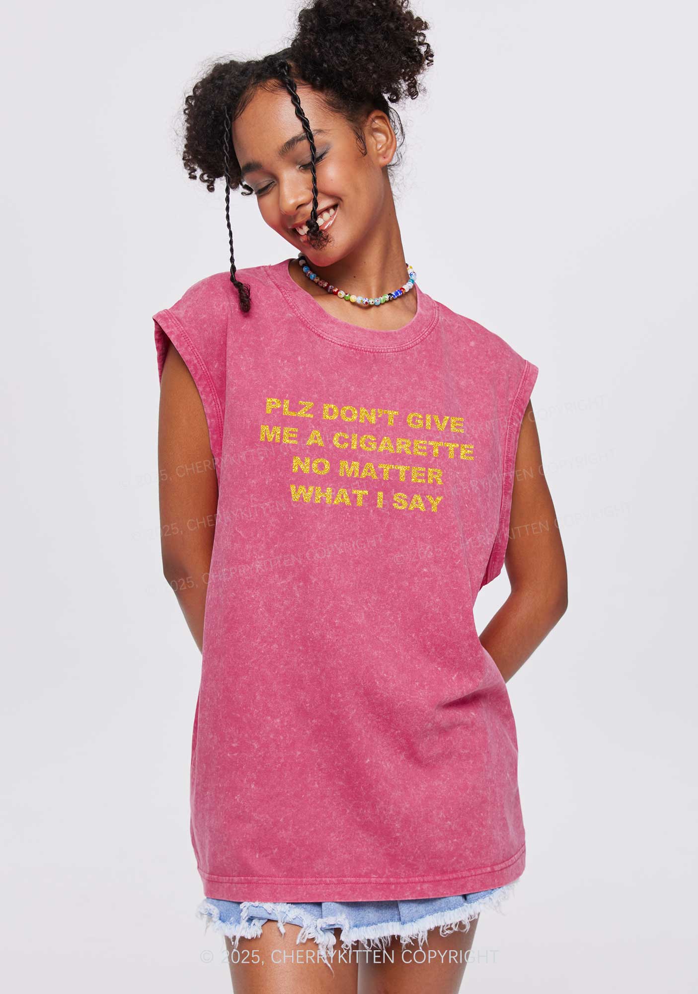 Glitter Dont Give Me Cigarette Y2K Washed Muscle Tank Cherrykitten
