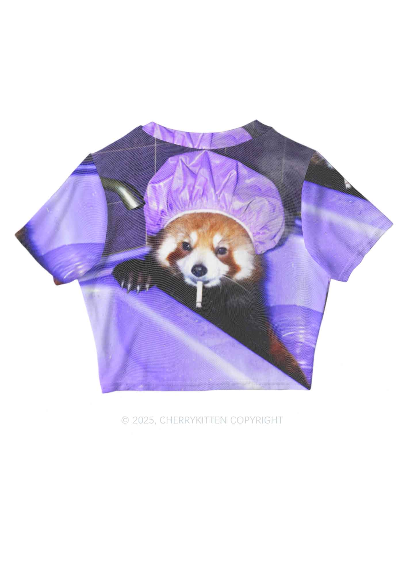 Purple Bath Smoking Raccoon Y2K Mesh Crop Top Cherrykitten