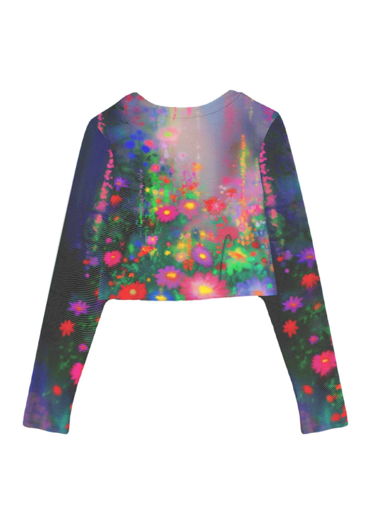 Colorful Daisies Y2K Mesh Long Sleeve Crop Top Cherrykitten