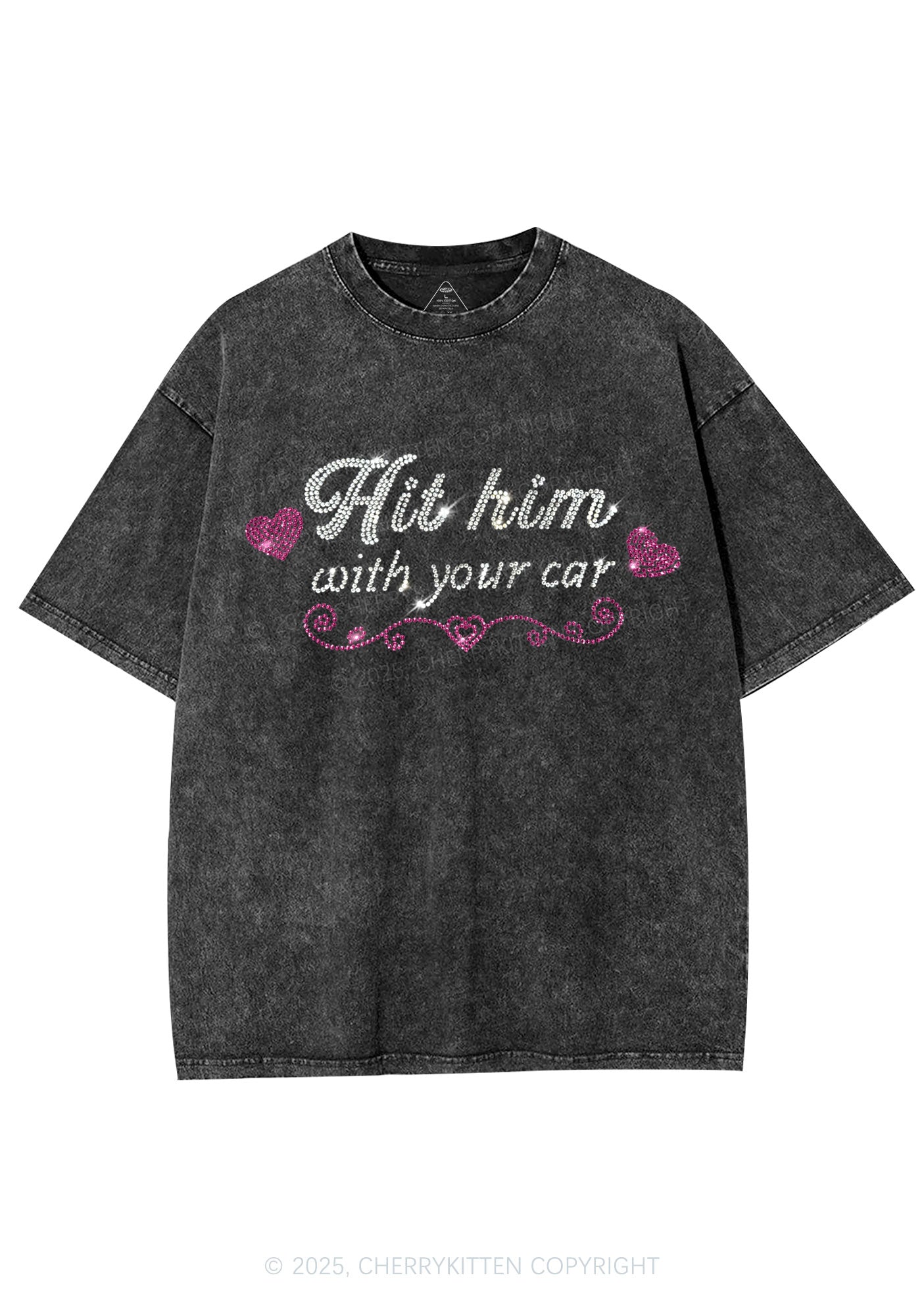 Rhinestone Hit Him Y2K Shirts Washed Tee Cherrykitten