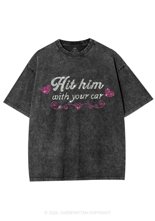 Rhinestone Hit Him Y2K Shirts Washed Tee Cherrykitten