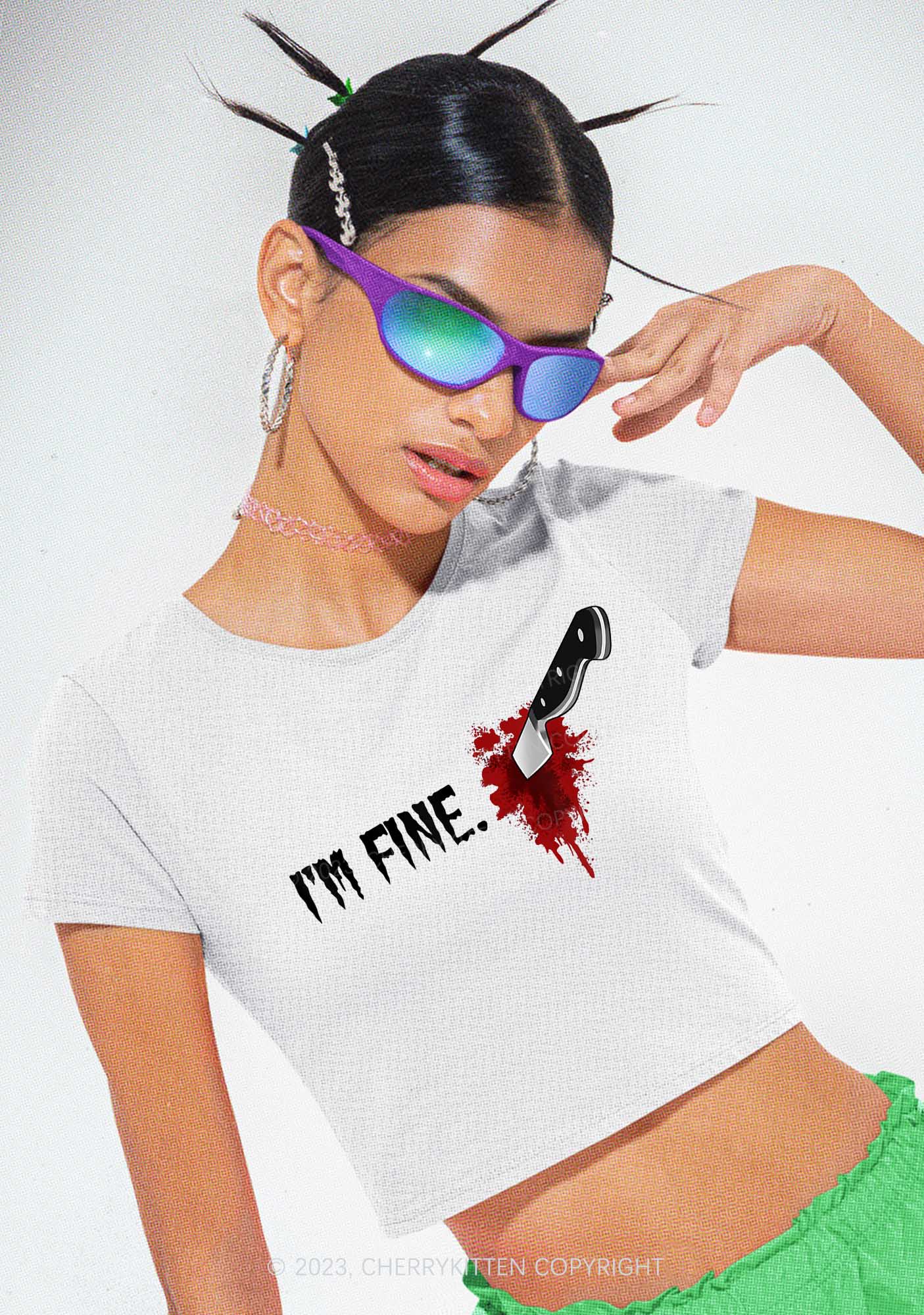 I'm Fine Horrible Bloodstains Halloween Y2K Baby Tee Cherrykitten