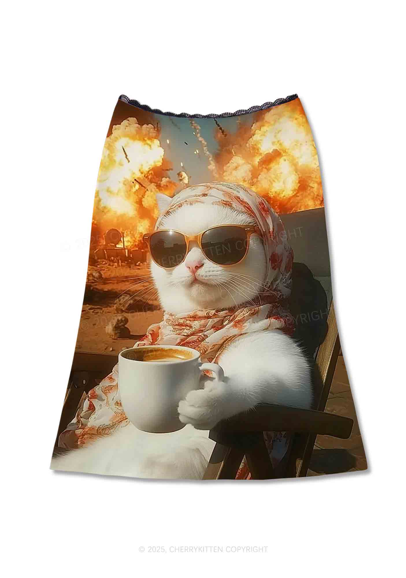 Cool Cat Enjoying Coffee Y2K Print Midi Skirt Cherrykitten
