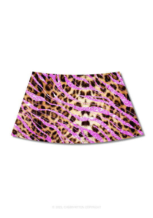 Sparkle Pink Leopard Y2K Print Mini Skirt Cherrykitten