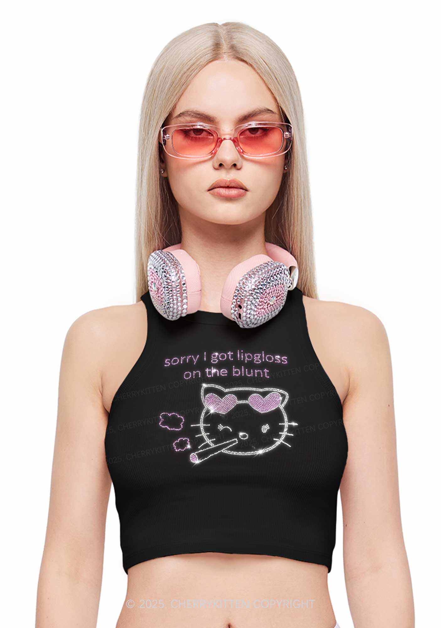 Rhinestone Kitten Got Lipgloss Y2K Crop Tank Top Cherrykitten
