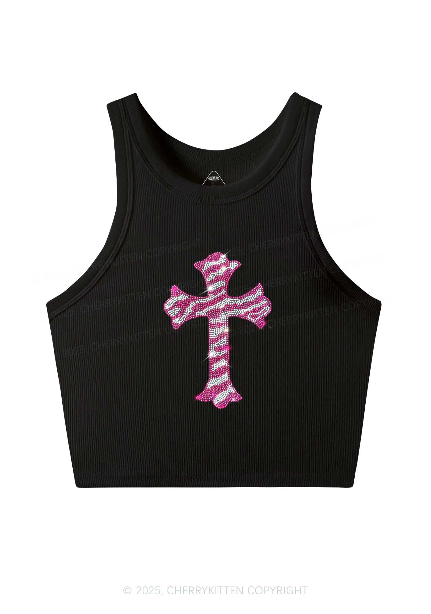 Rhinestone Pink Cross Y2K Crop Tank Top Cherrykitten