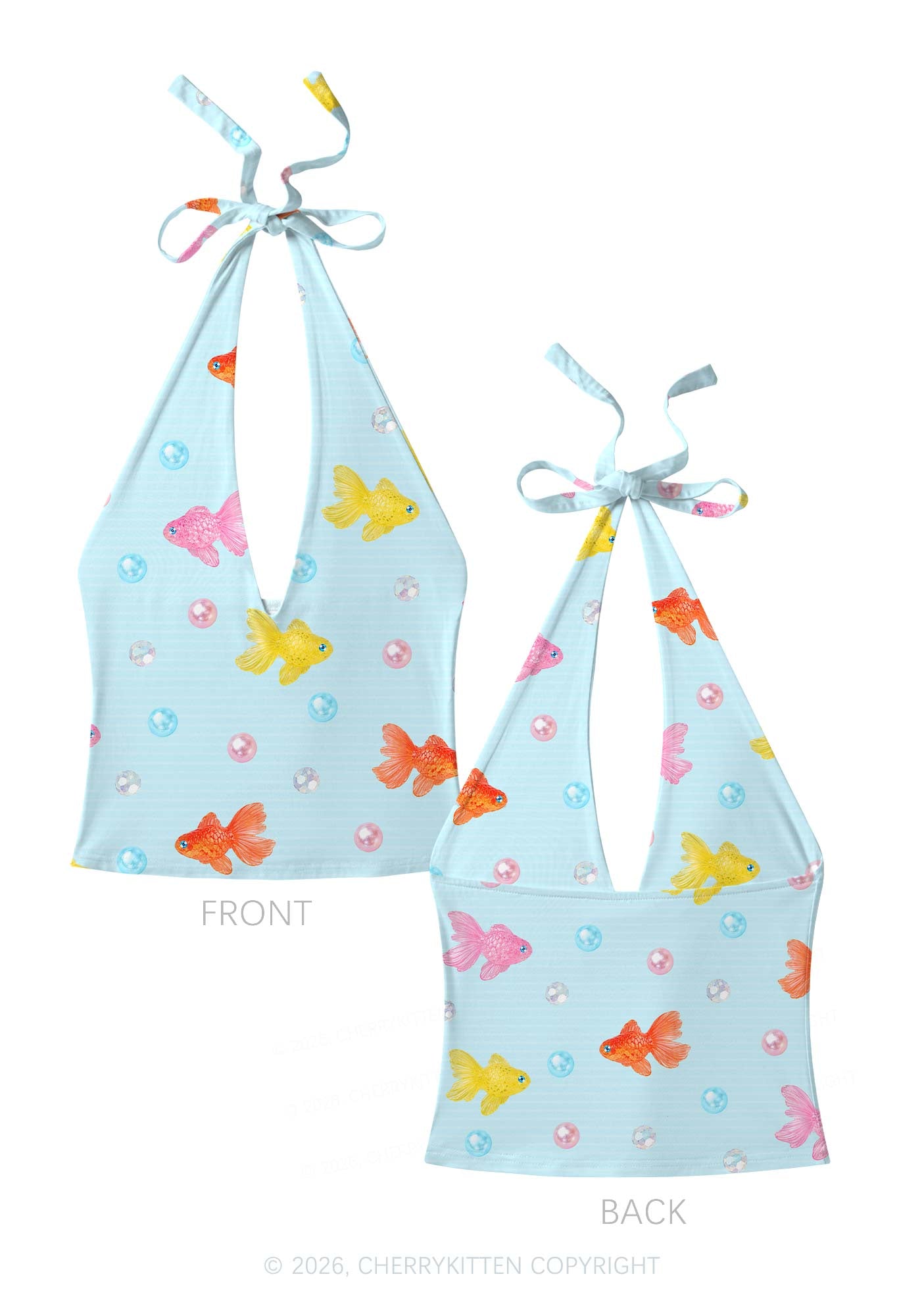 Candy Goldfish Bubble Y2K Print Halter Deep V Neck Cami Cherrykitten