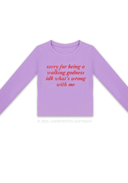 Sorry For Being A Walking Godness Y2K Long Sleeve Crop Top Cherrykitten