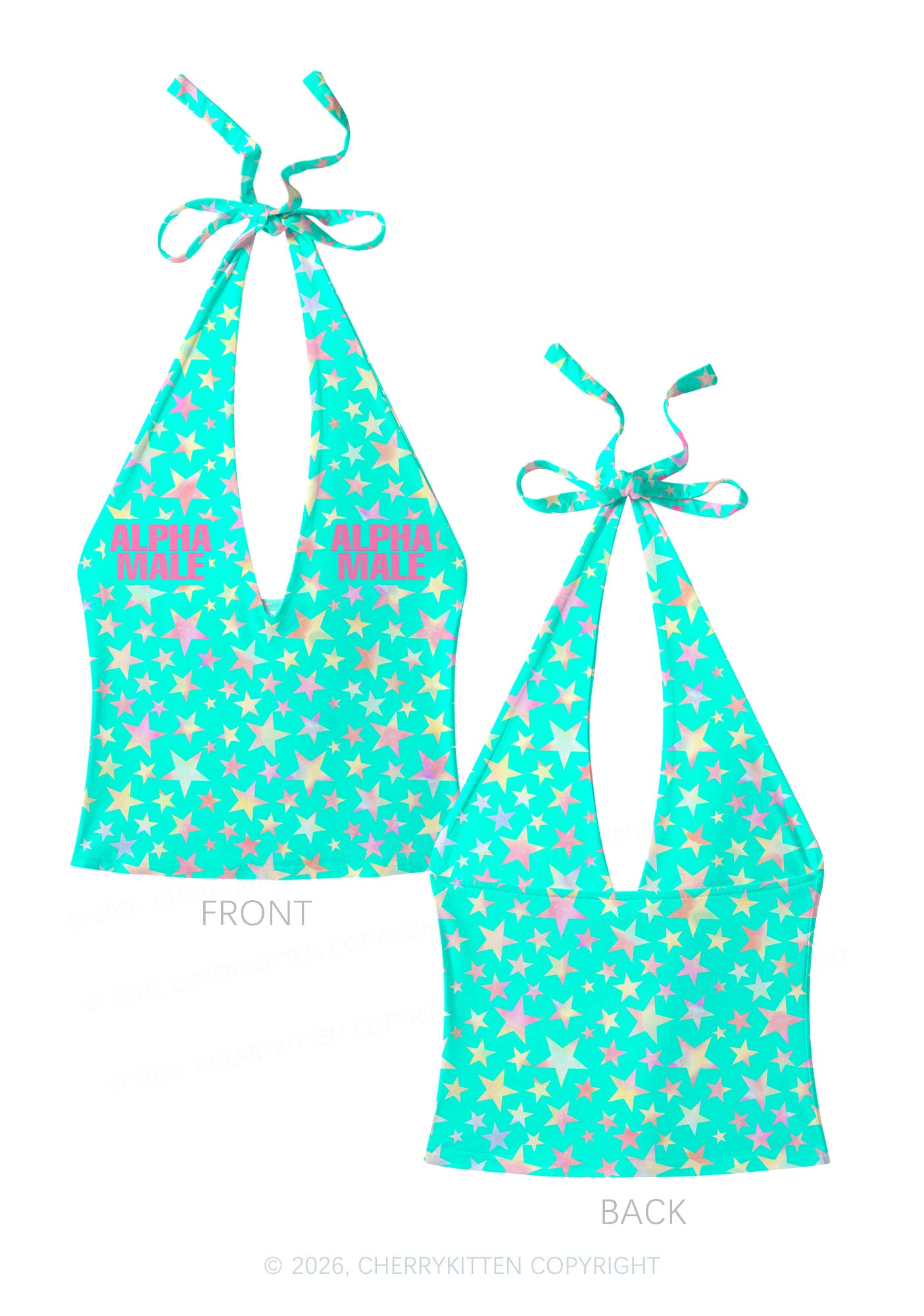 Blue Alpha Male Star Y2K Print Halter Deep V Neck Cami Cherrykitten