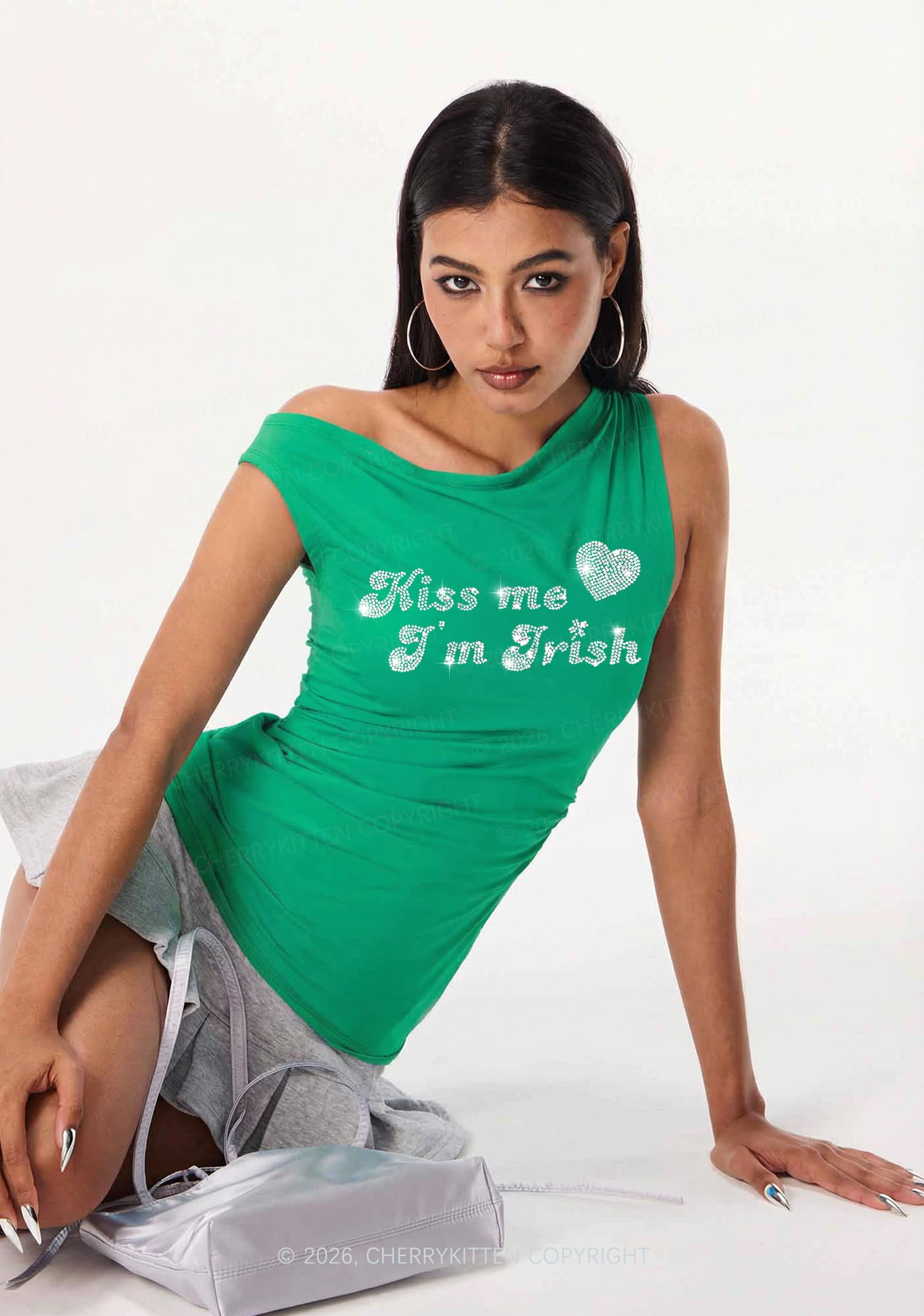 Rhinestone Kiss Me St Patricks Y2K Off Shoulder Tank Top Cherrykitten