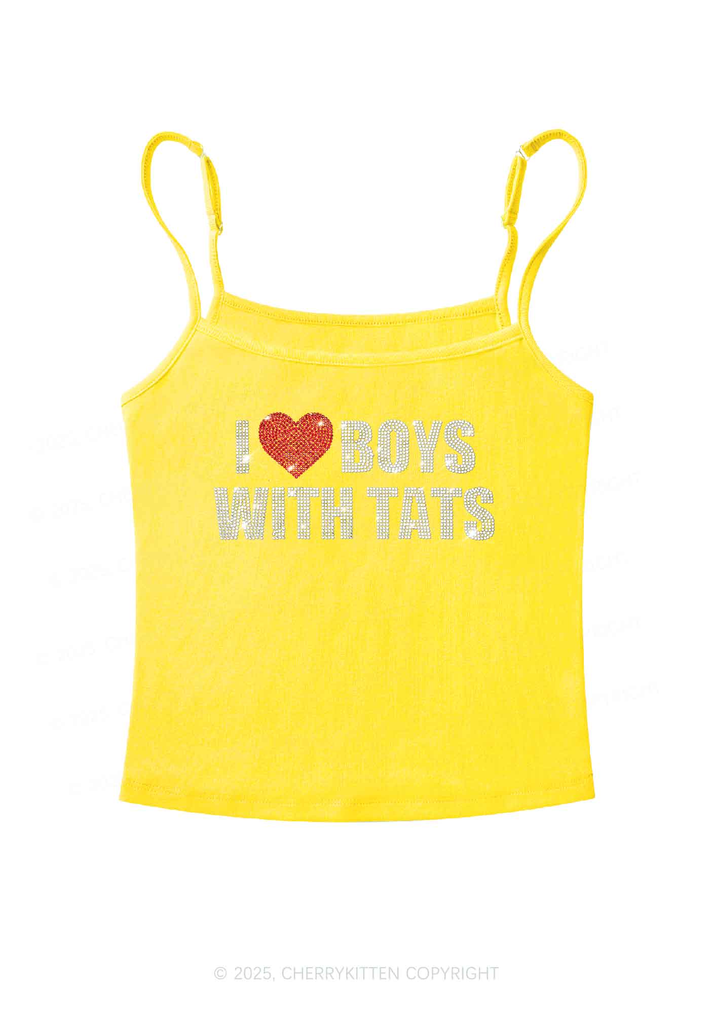 Rhinestone I Love Boys With Tats Y2K Spaghetti Strap Cami Cherrykitten