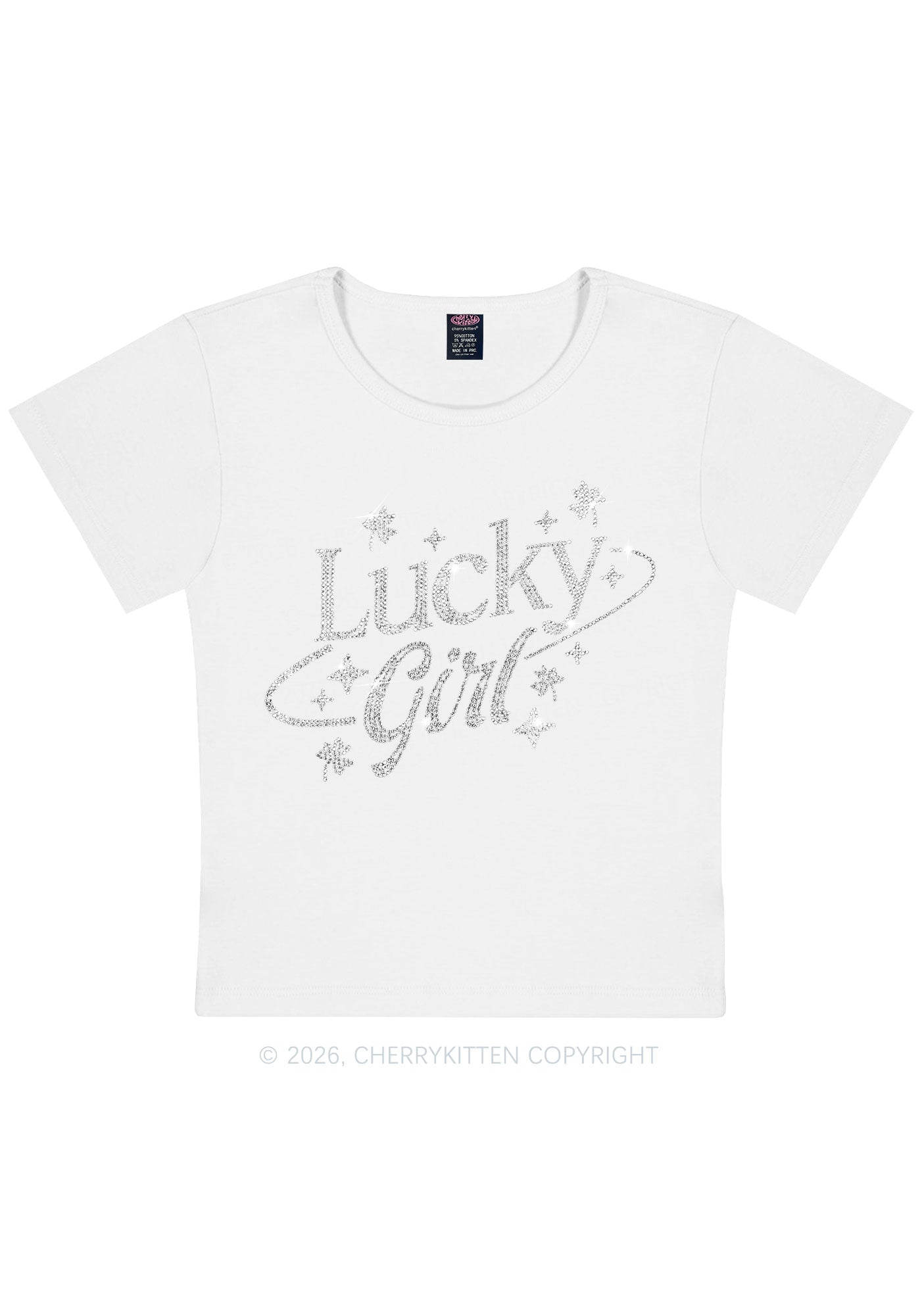 Rhinestone Lucky Girl St Patricks Y2K Baby Tee Cherrykitten