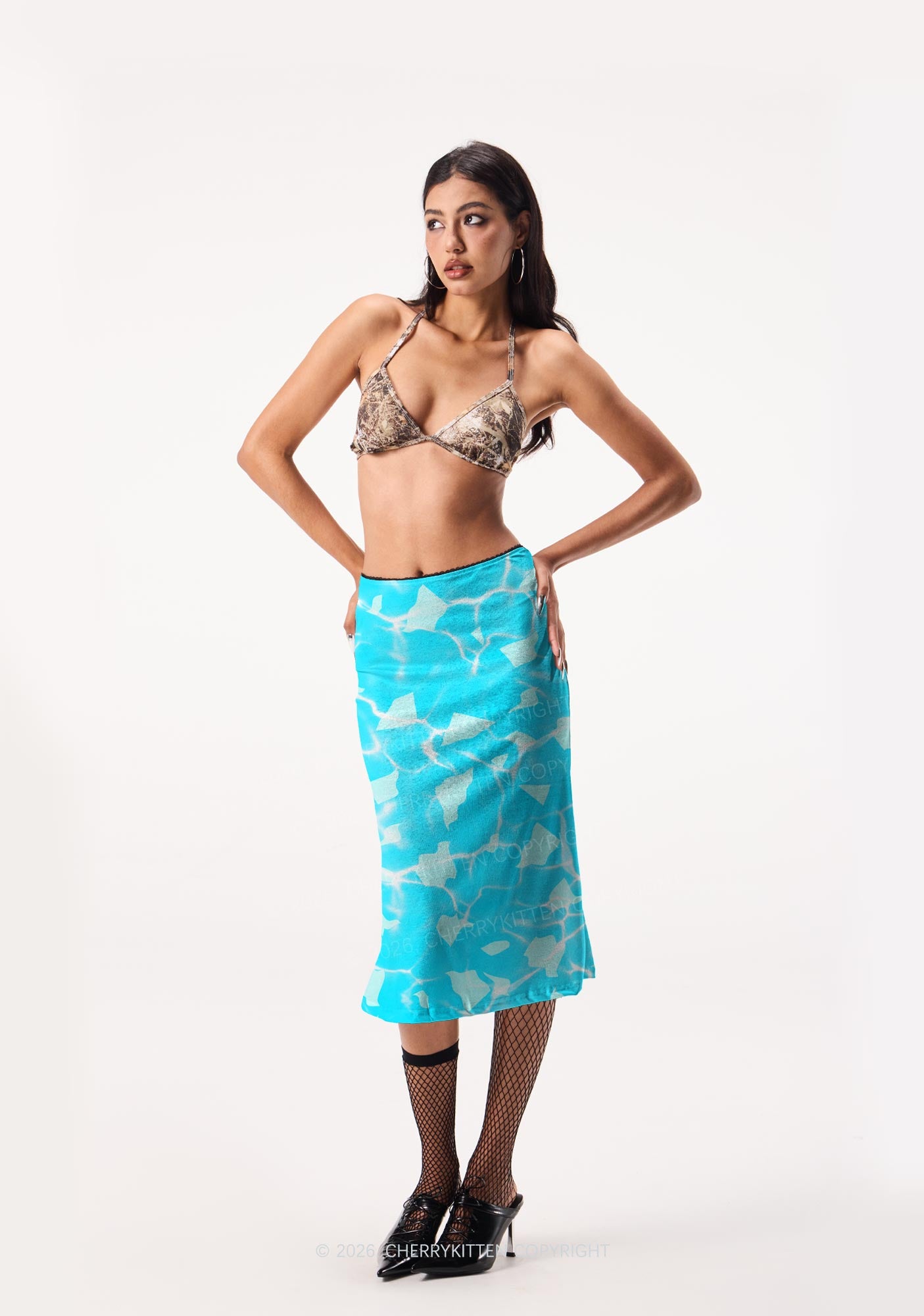 Turquoise Water Ripple Y2K Print Midi Skirt Cherrykitten