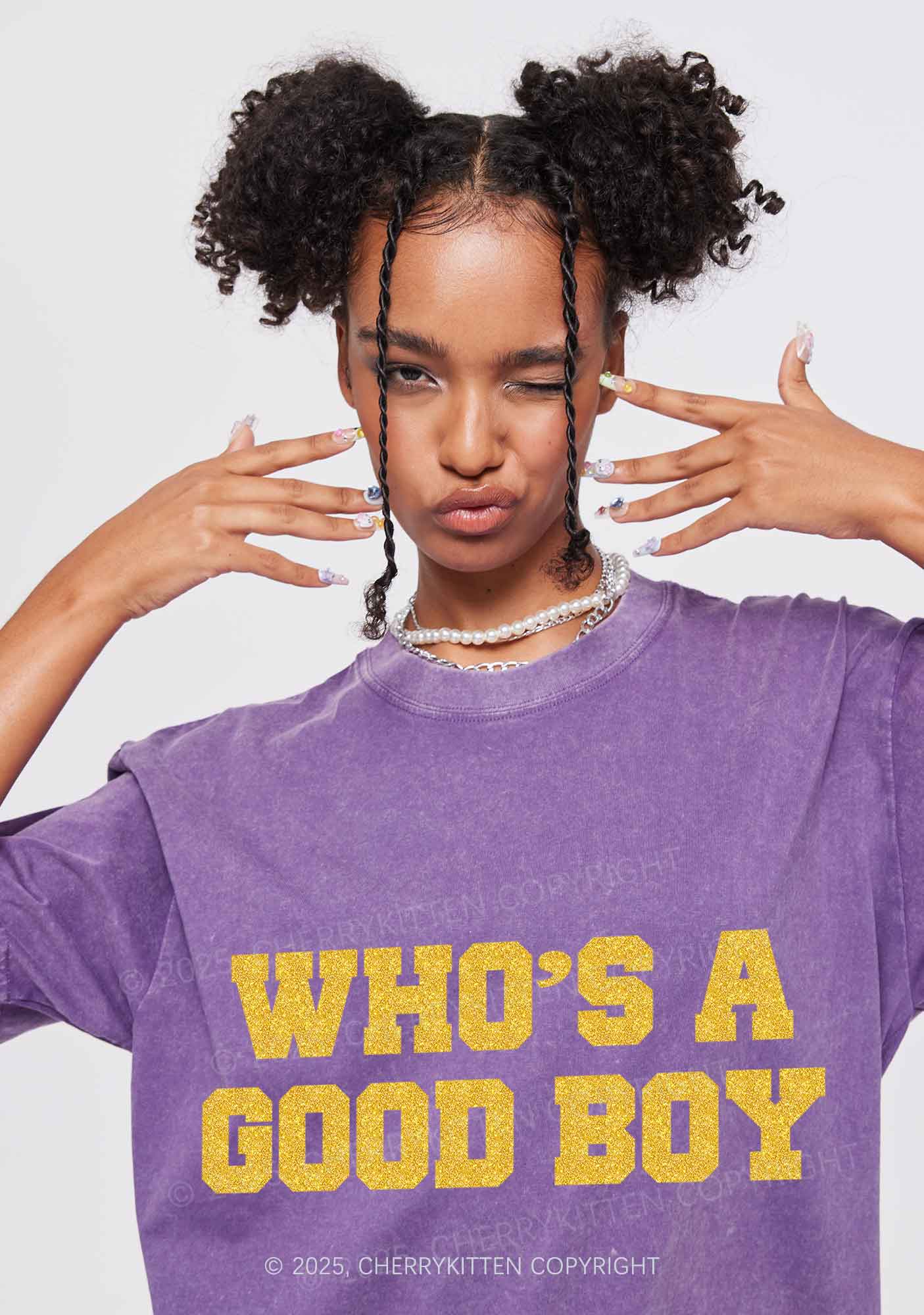 Glitter Whos A Good Boy Y2K Shirts Washed Tee Cherrykitten