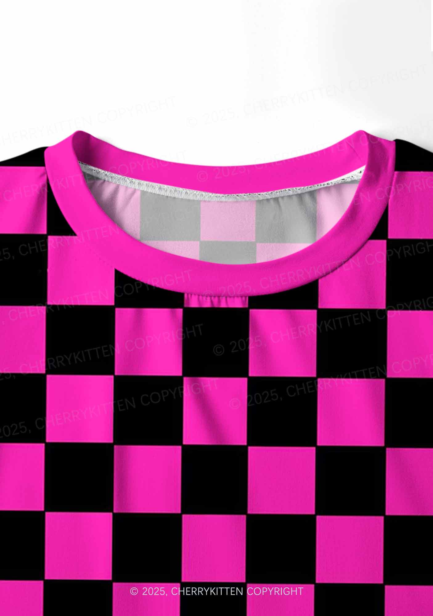 Black And Pink Check Valentine's Day Y2K Print Long Sleeve Pajama Set Cherrykitten
