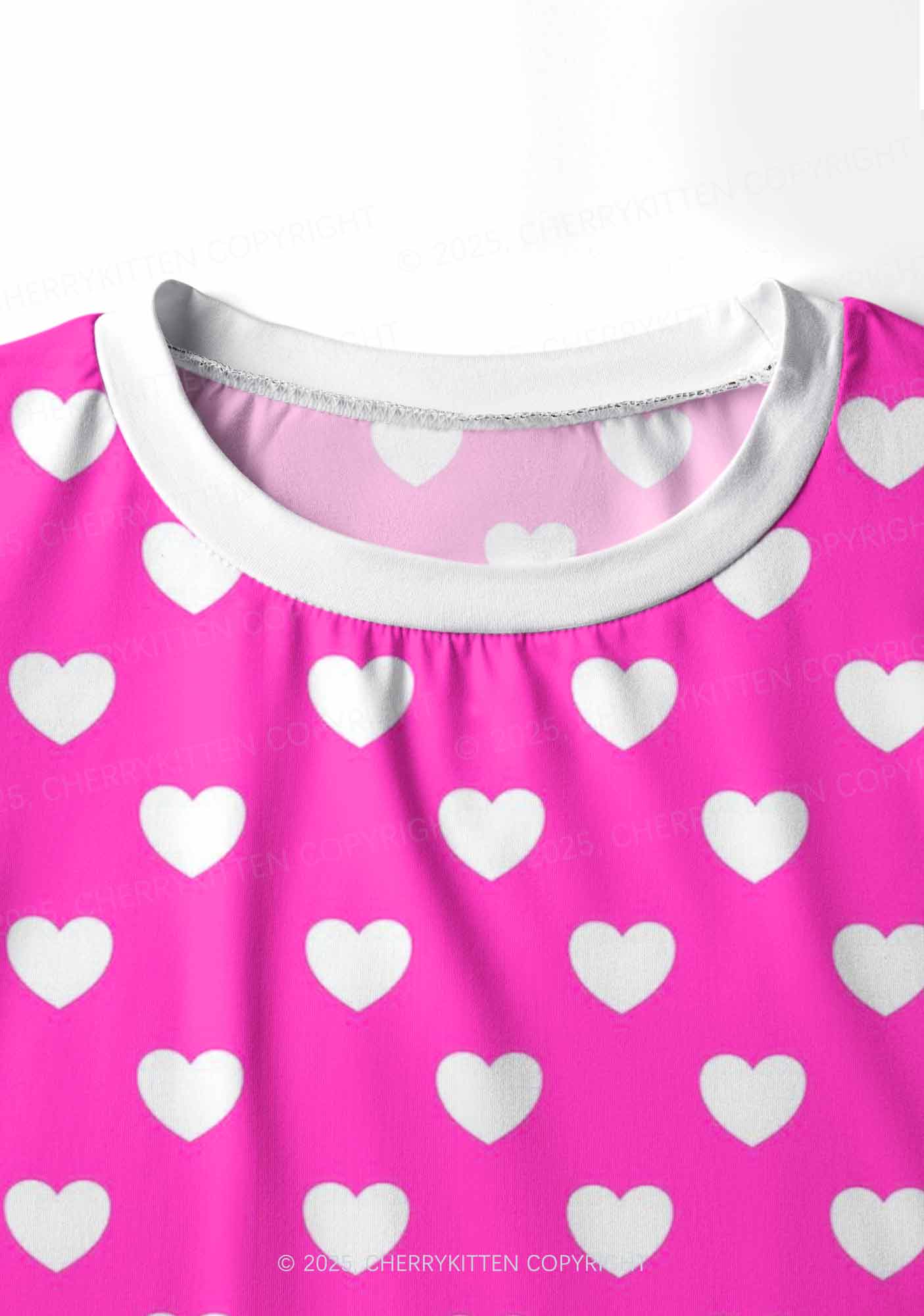 White Heart On Pink Valentine's Day Y2K Print Long Sleeve Pajama Set Cherrykitten