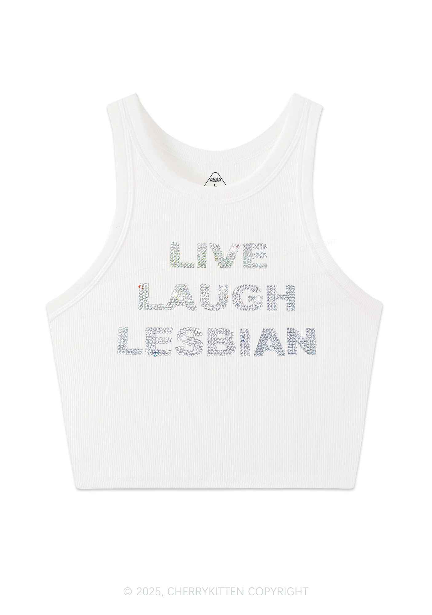 Rhinestone Live Laugh Lesbian Pride Y2K Crop Tank Top Cherrykitten