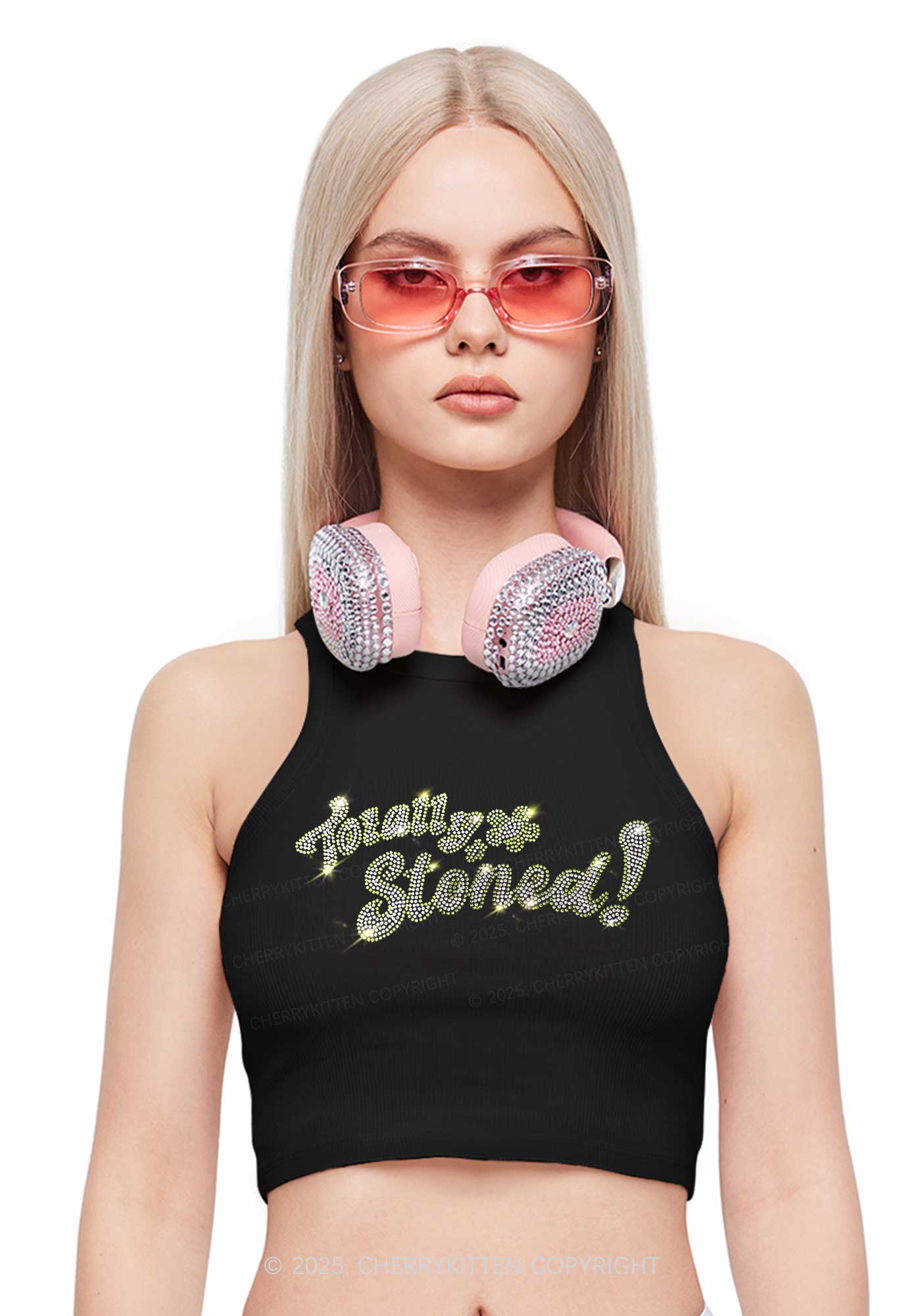 Rhinestone Totally Stoned Y2K Crop Tank Top Cherrykitten