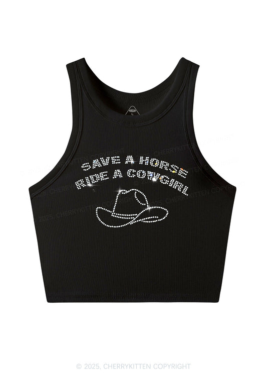 Rhinestone Save Horse Ride Cowgirl Y2K Crop Tank Top Cherrykitten