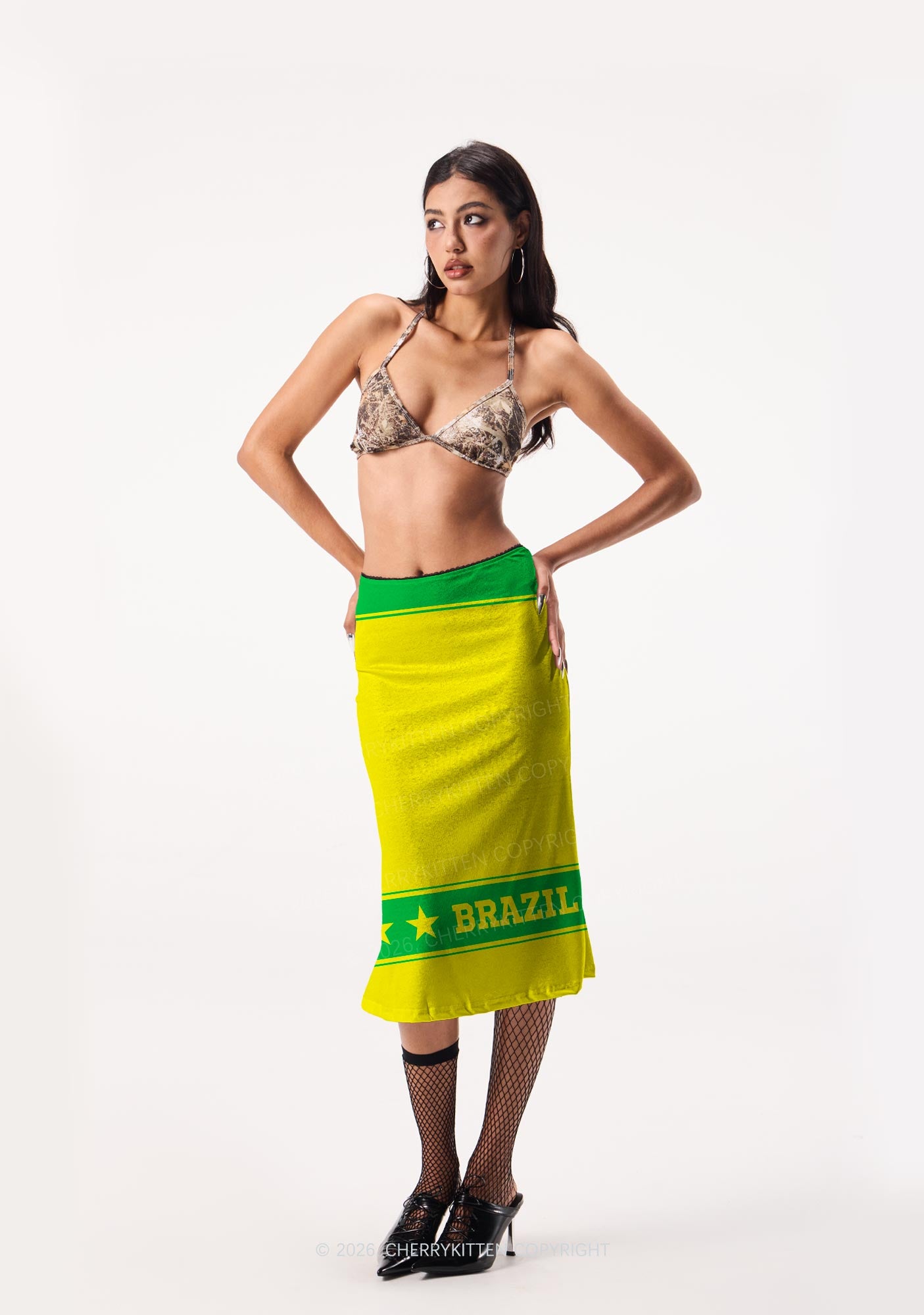 Yellow Green Stripe Star Y2K Print Midi Skirt Cherrykitten