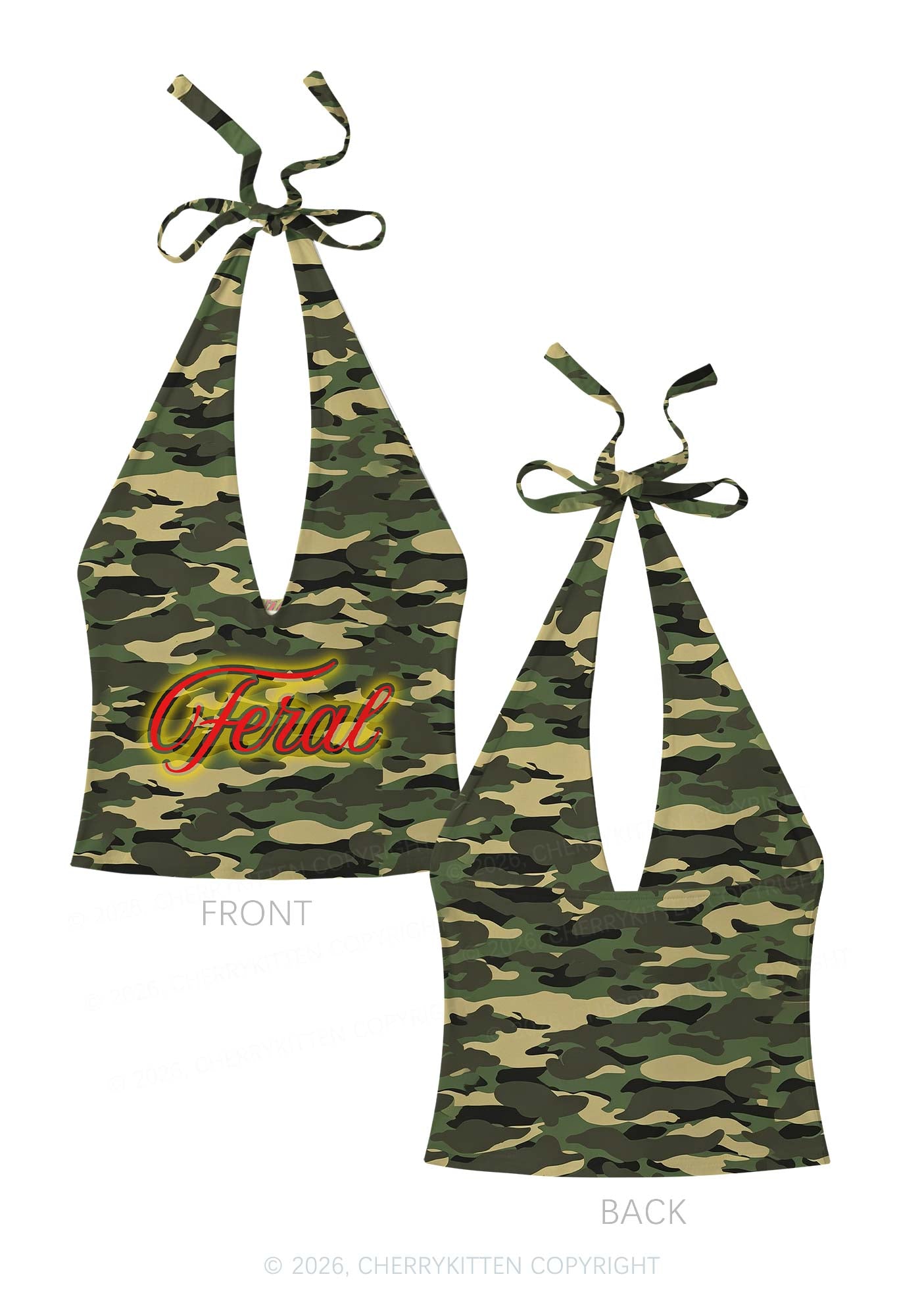 Feral Camo Y2K Print Halter Deep V Neck Cami Cherrykitten