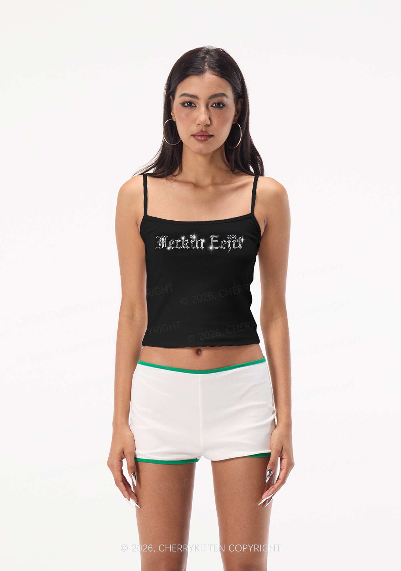 Rhinestone Feckin Eejit St Patricks Y2K Spaghetti Strap Cami Cherrykitten