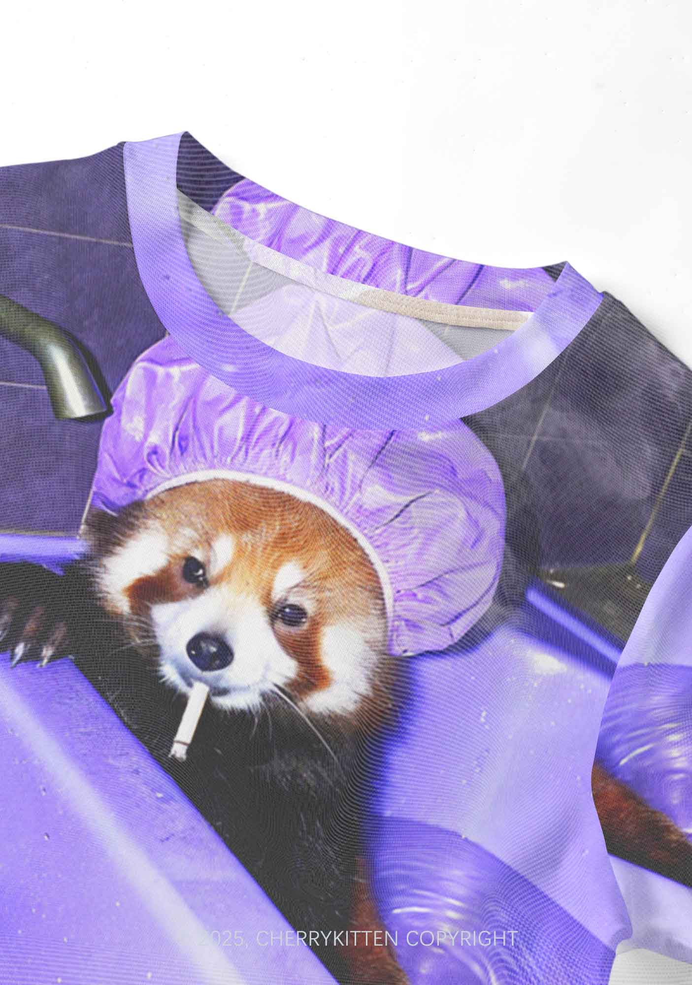 Purple Bath Smoking Raccoon Y2K Mesh Crop Top Cherrykitten