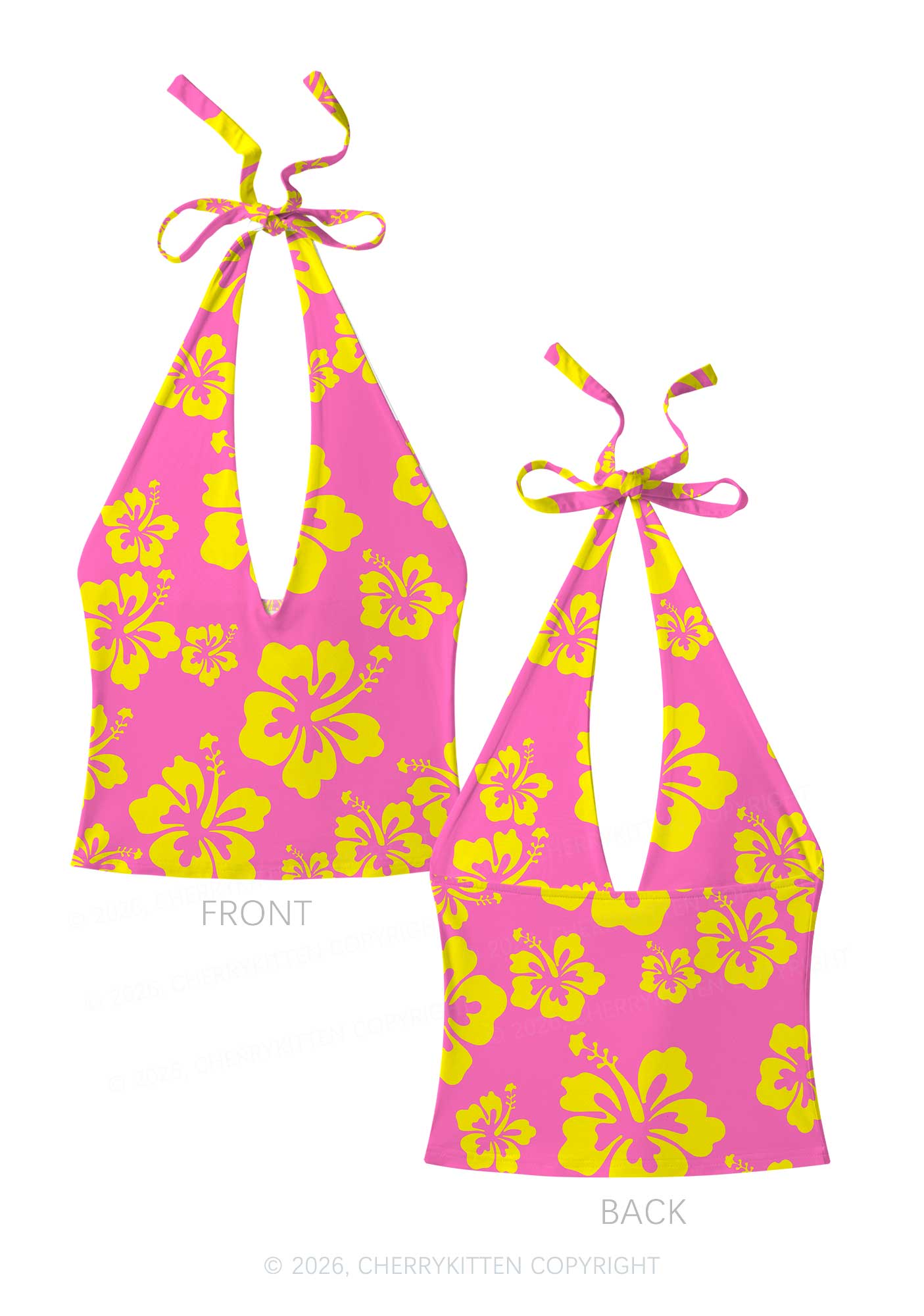Yellow Floral On Pink Y2K Print Halter Deep V Neck Cami Cherrykitten