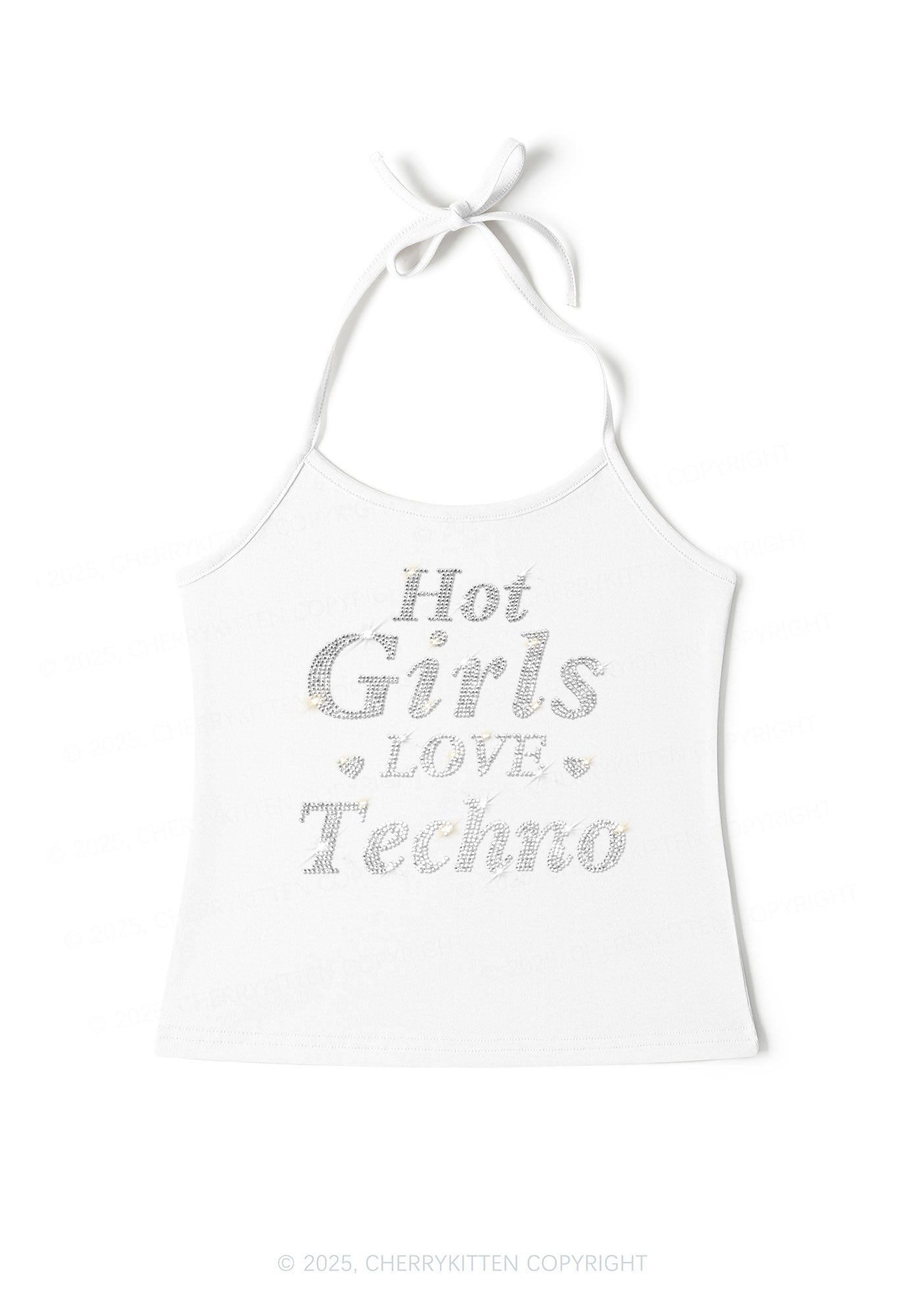 Rhinestone Hot Girls Love Techno Y2K Halter Neck Cami Cherrykitten