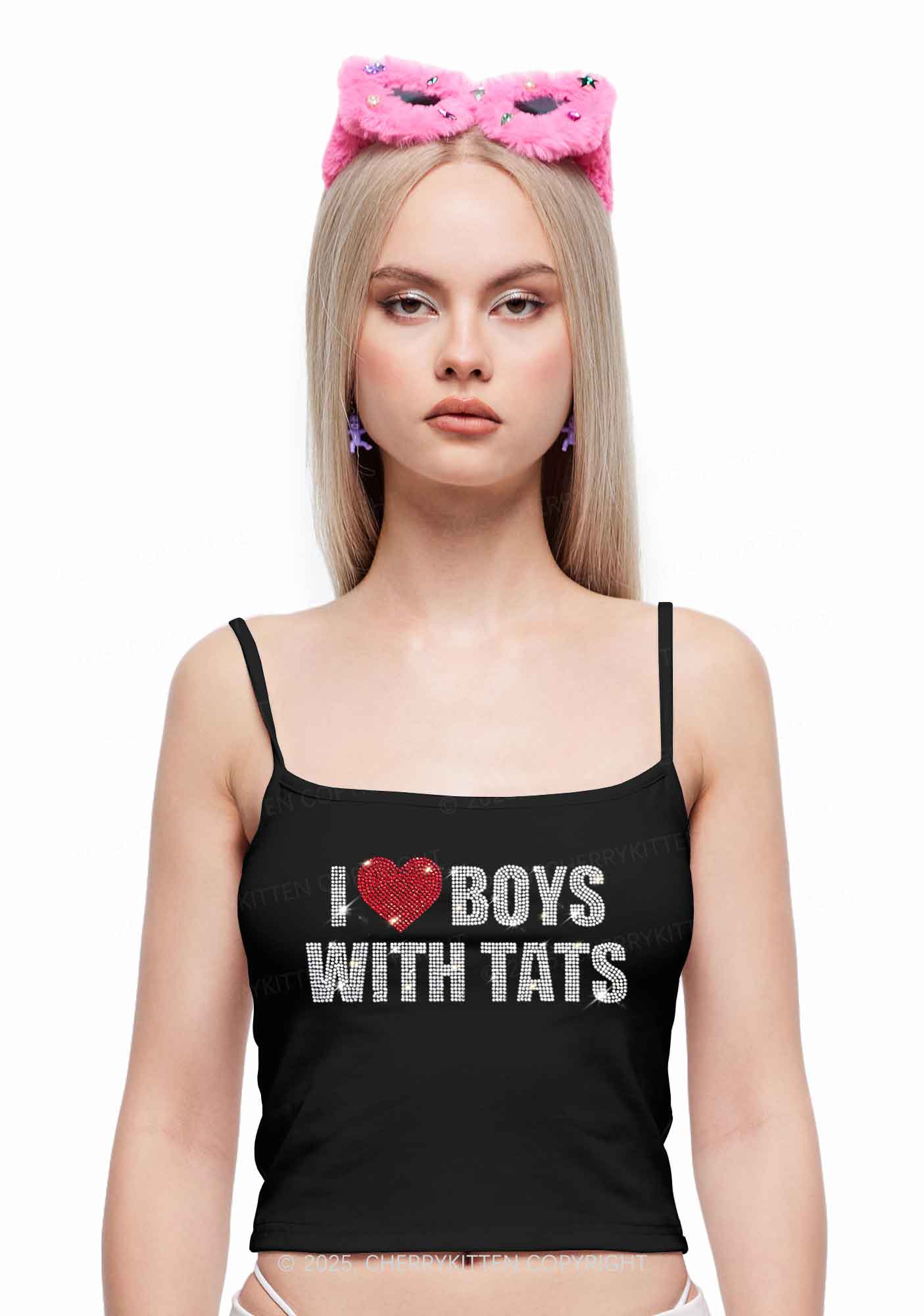 Rhinestone I Love Boys With Tats Y2K Spaghetti Strap Cami Cherrykitten