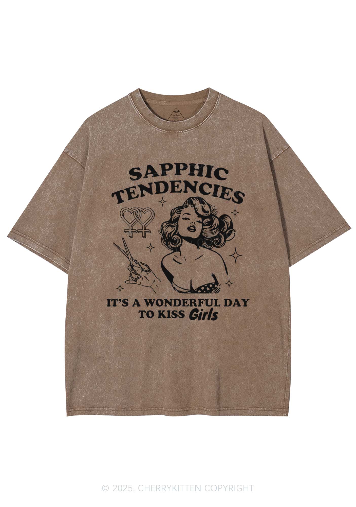 Sapphic Tendencies Kiss Girls Y2K Shirts Washed Tee Cherrykitten