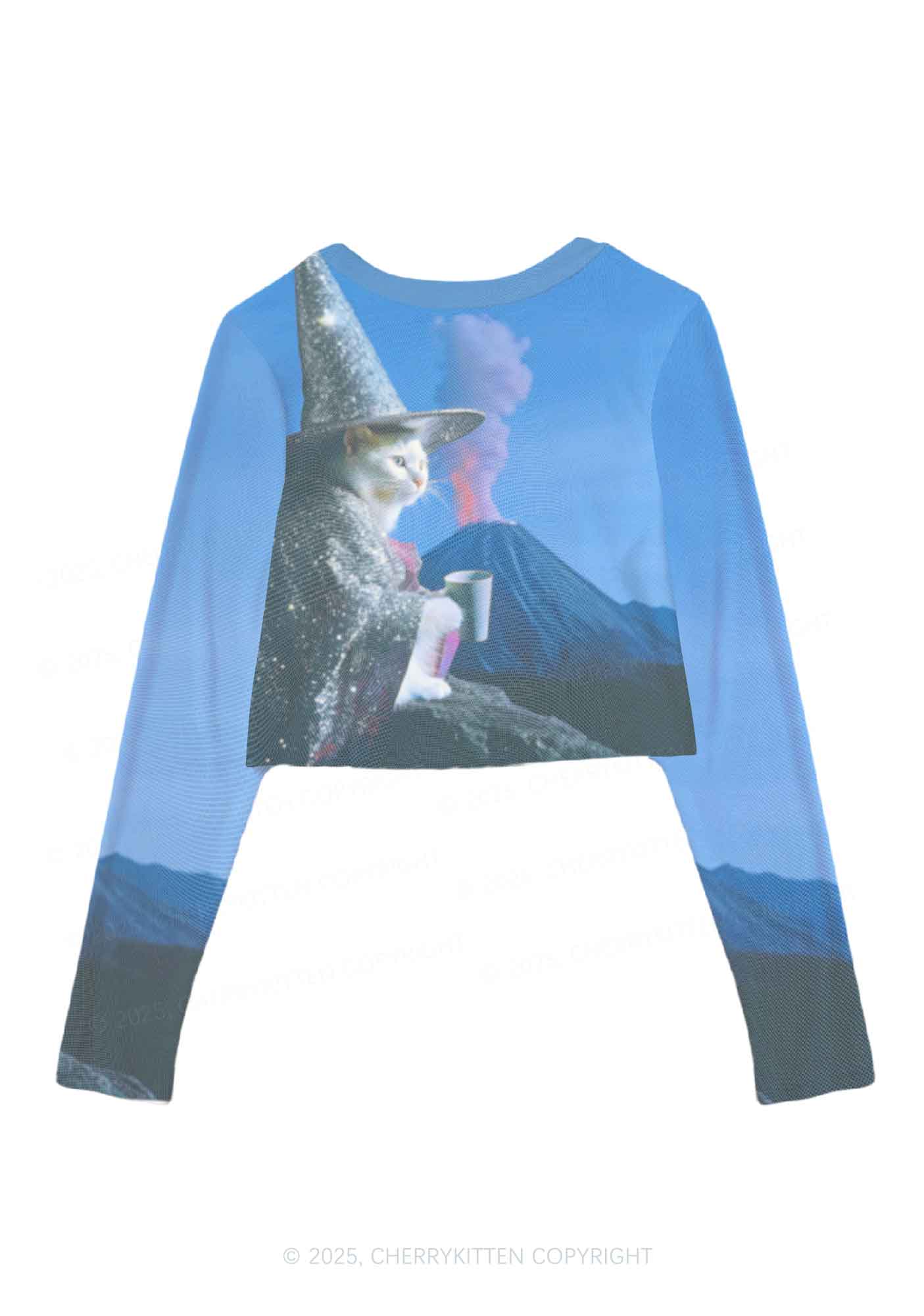 Magic Cat Y2K Mesh Long Sleeve Crop Top Cherrykitten