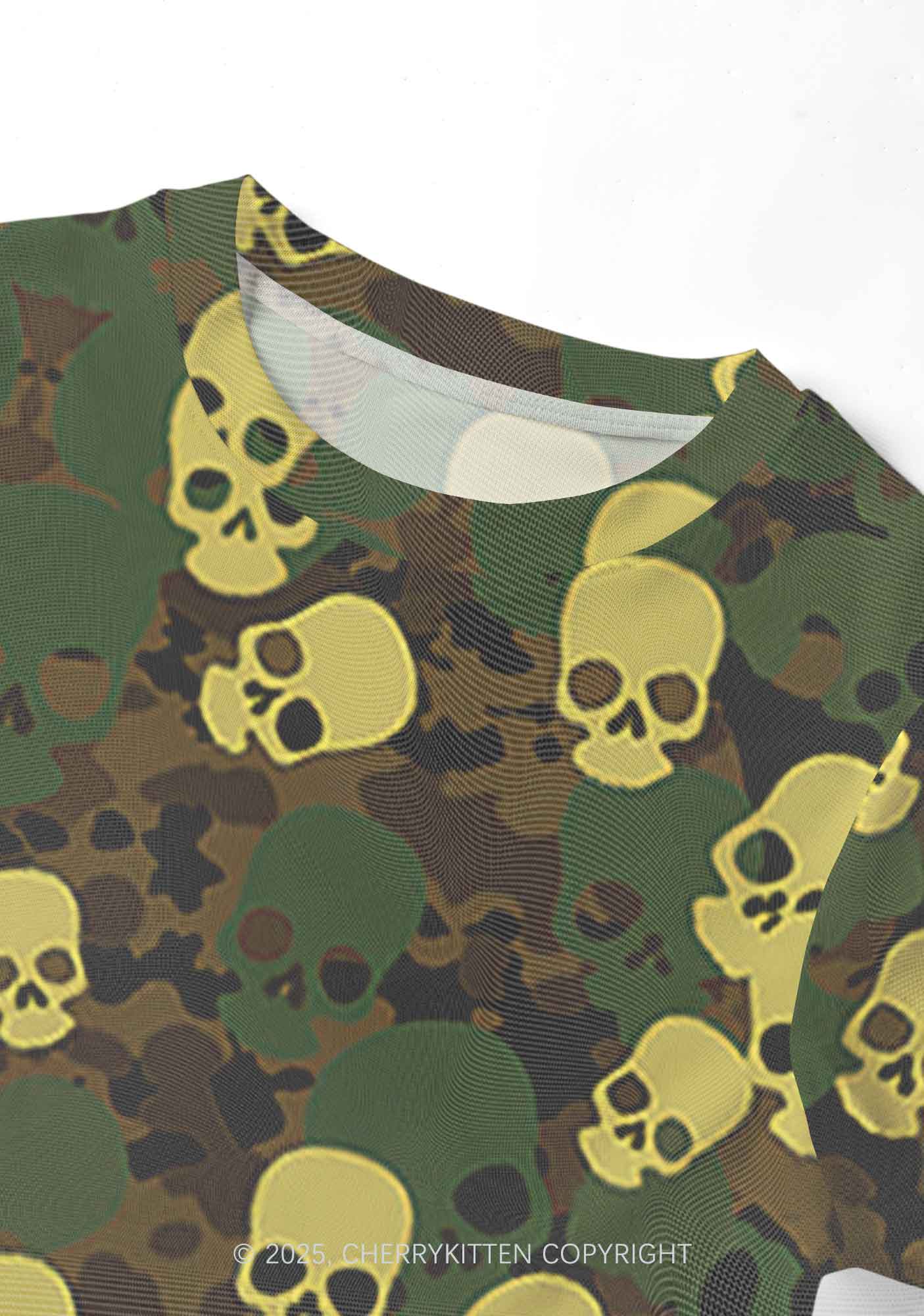 Halloween Camouflage Skull Y2K Mesh Crop Top Cherrykitten