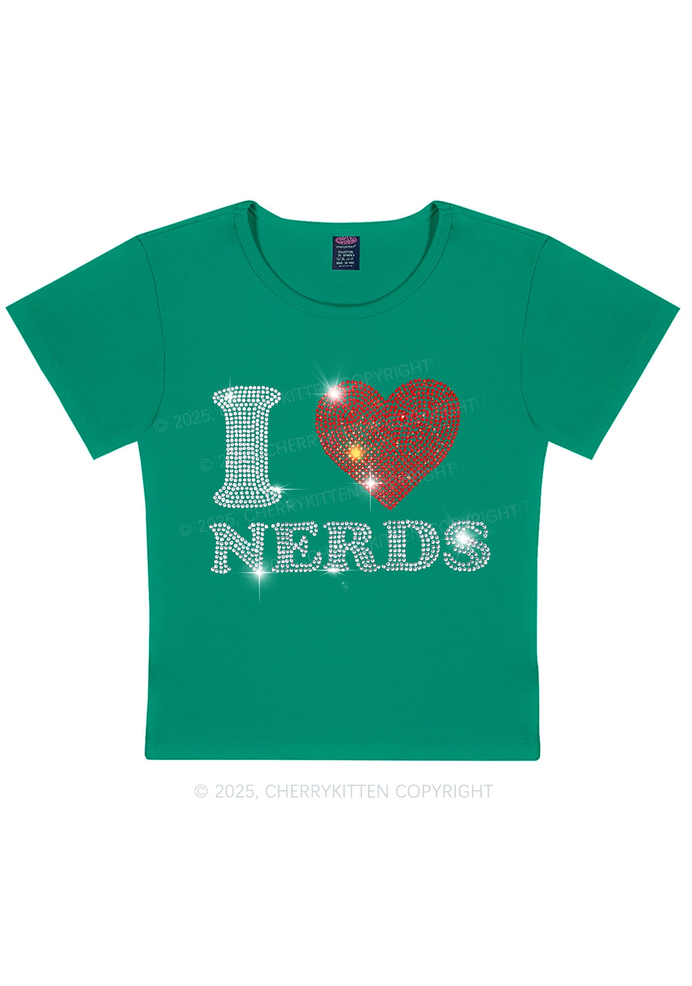 Rhinestone I Love Nerds Y2K Baby Tee Cherrykitten