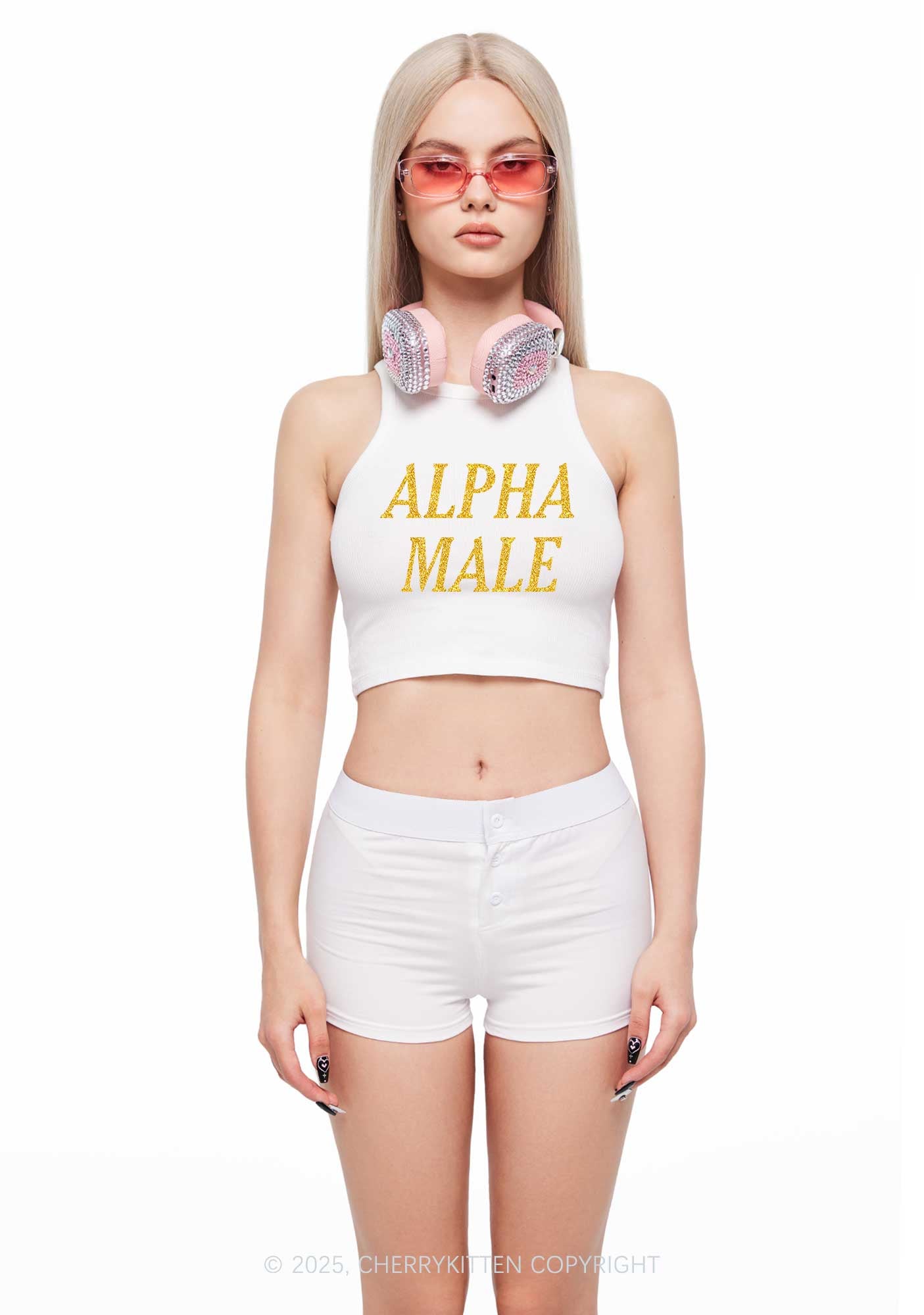 Glitter Alpha Male Y2K Crop Tank Top Cherrykitten