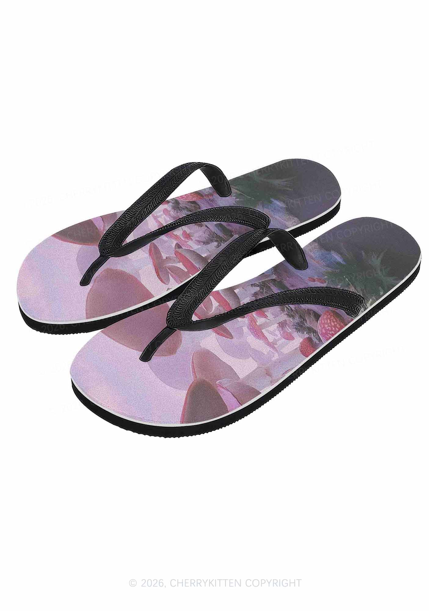 Pink Mushroom Y2K Print Flip Flops Cherrykitten