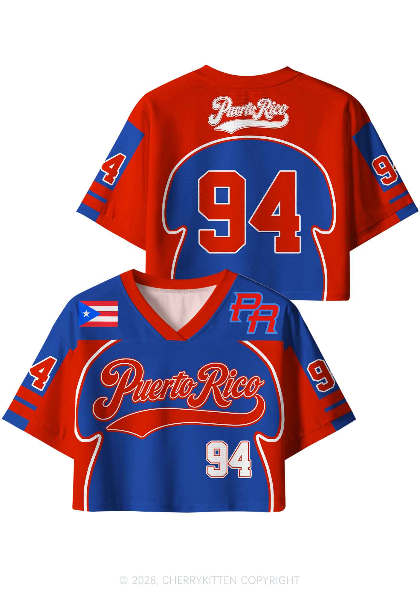 Red Blue Color Block PR Y2K Crop Sport Jersey Shirts Cherrykitten