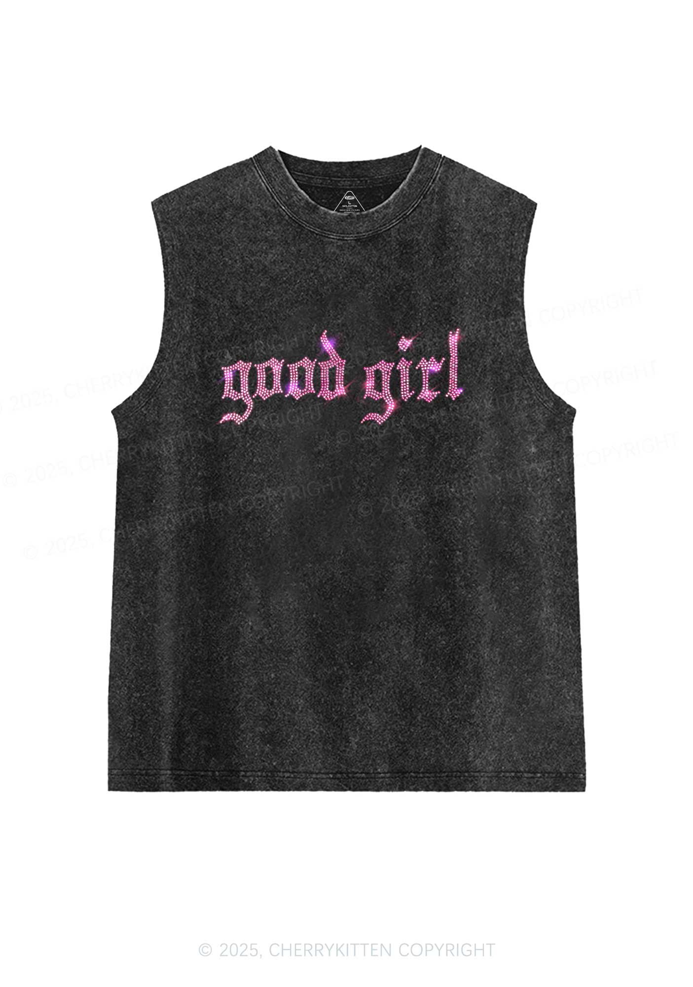 Rhinestone Good Girl Y2K Washed Muscle Tank Cherrykitten