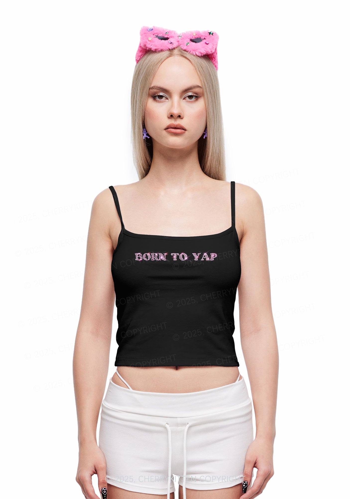 Rhinestone Born To Yap Y2K Spaghetti Strap Cami Cherrykitten